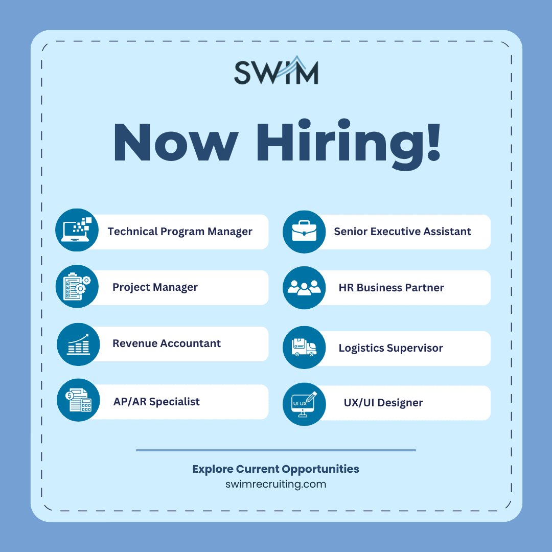 SwimRecruiting's tweet photo. We’re currently recruiting for several exciting opportunities across Technology, Finance &amp; Accounting, HR, and Operations: 

Explore all open roles:
👉 https://t.co/NfIap7vCgA

#NowHiring #VancouverJobs #Recruitment #Careers #TechnologyJobs https://t.co/wl79ALCobA