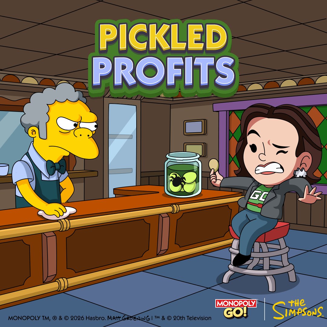 MonopolyGO's tweet photo. Pull up a stool and get ready to cash in on the Pickled Profits event! 🥒

Ms. M may be a little hesitant to try the delicacies inside, but we promise the rewards at the end of this @TheSimpsons event are much sweeter!

🎲 https://t.co/BwYWtAGh0W https://t.co/15GqNPbsOr