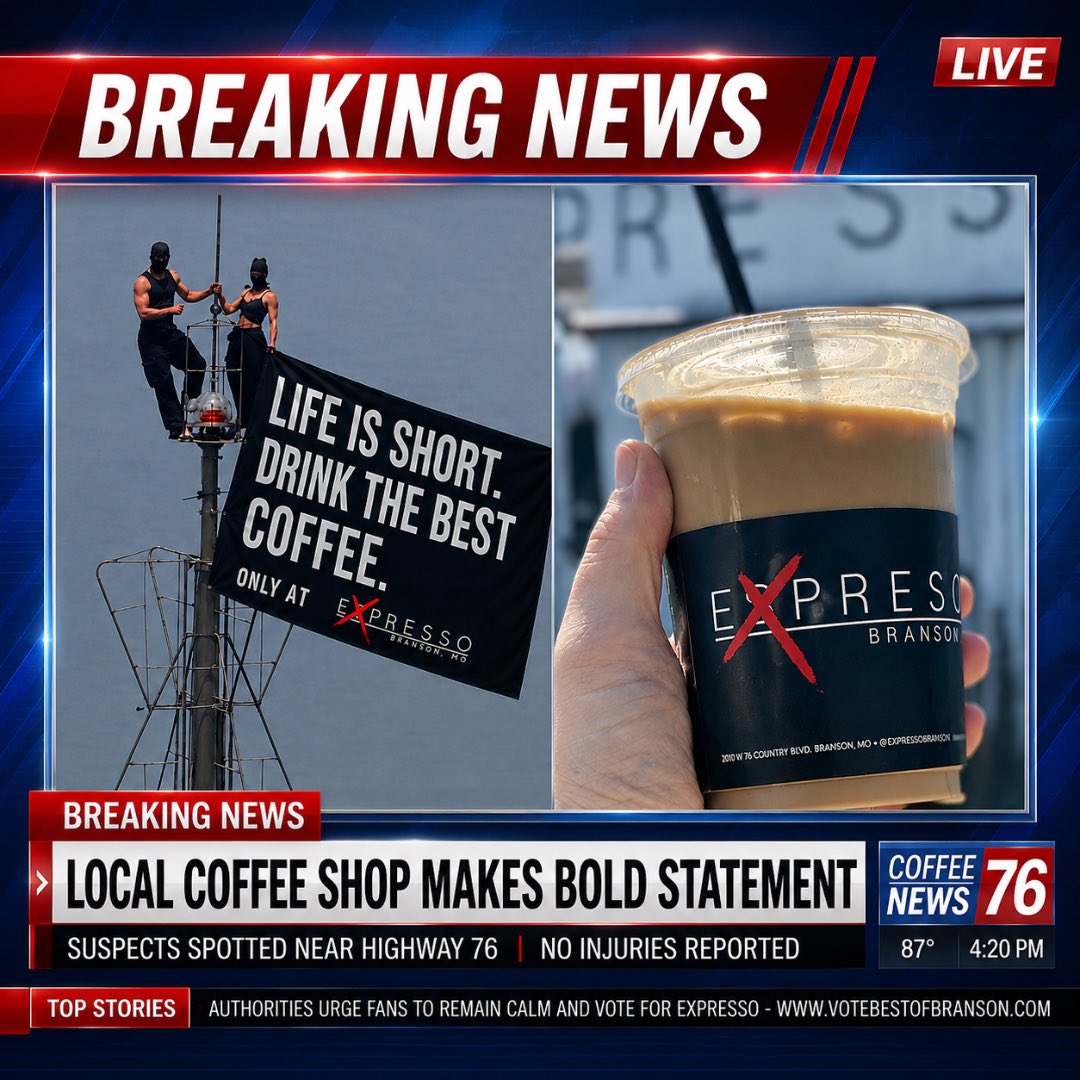 ExpressoBranson's tweet photo. 🚨 CAUGHT RED-HANDED.

We regret nothing.

☕️

Vote once a day for Expresso Branson at:
https://t.co/iT7FZfCNPq

#expressobranson #blessedandhighlycaffeinated #bestcoffeeinbranson #bestcoffeeinswmo https://t.co/cfVwOgpR7z