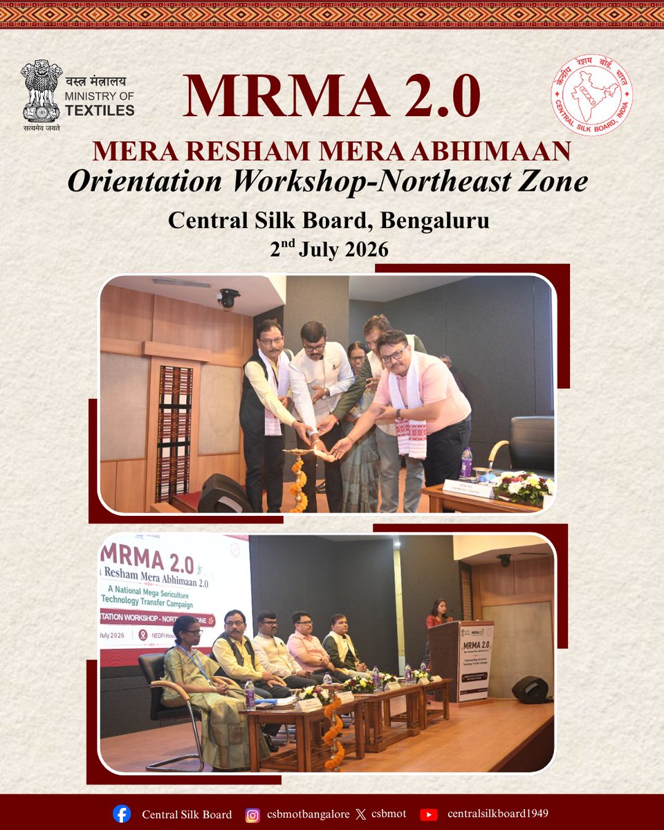 csbmot's tweet photo. MRMA 2.0 Orientation Workshop – Northeast Zone

Orienting MRMA teams for the successful implementation of MRMA 2.0 across the Northeastern sericulture states and strengthening the reach of technology transfer initiatives in the silk sector.

The occasion was graced by Shri Biswajit Daimary, Hon'ble Minister, Department of Handloom, Textiles & Sericulture, Government of Assam, along with State and CSB officials of the Northeast Region.

#MRMA2_0 #MeraReshamMeraAbhimaan #CentralSilkBoard #TechnologyTransfer #SericultureDevelopment #NortheastIndia #EriSilk #VanyaSilk #SilkSectorGrowth #MinistryOfTextiles

[MRMA 2.0,Technology Transfer, Sericulture Extension, Northeast Sericulture, Silk Sector Development, Farmer Outreach, Central Silk Board, Ministry Of Textiles]

@texminindia @girirajsinghbjp @margheritapabitra @sivakumarifs