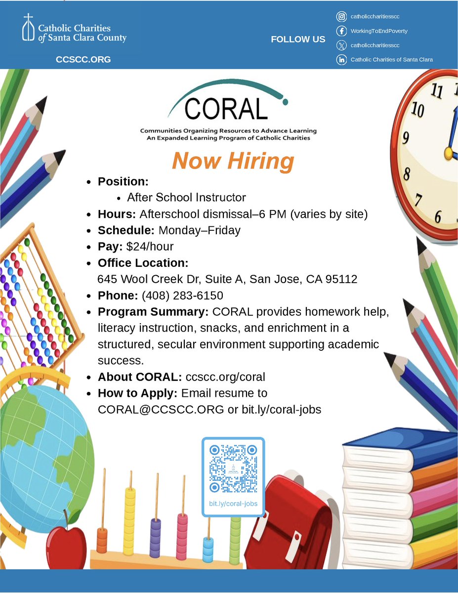 CatholicCharSCC's tweet photo. 🚨 CORAL is hiring After School Instructors (CASIs)!
✅ $24/hour
✅ Mon–Fri after-school schedule
✅ Make a difference in the lives of local youth
📧 CORAL@CCSCC.org
🔗 https://t.co/tf79R04Abm
Please share with anyone who may be interested! #NowHiring #SanJoseJobs #CCSCC https://t.co/6lyOhu4iKd