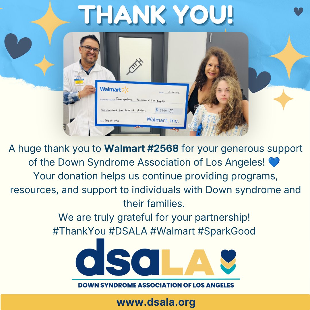 DownSyndromeLA's tweet photo. Thank you, Walmart #2568, for your generous support! 💙 Your donation helps DSALA continue serving individuals with Down syndrome and their families. We are grateful for your partnership! #Walmart #SparkGood #DSALA https://t.co/zf0xzAiDjj