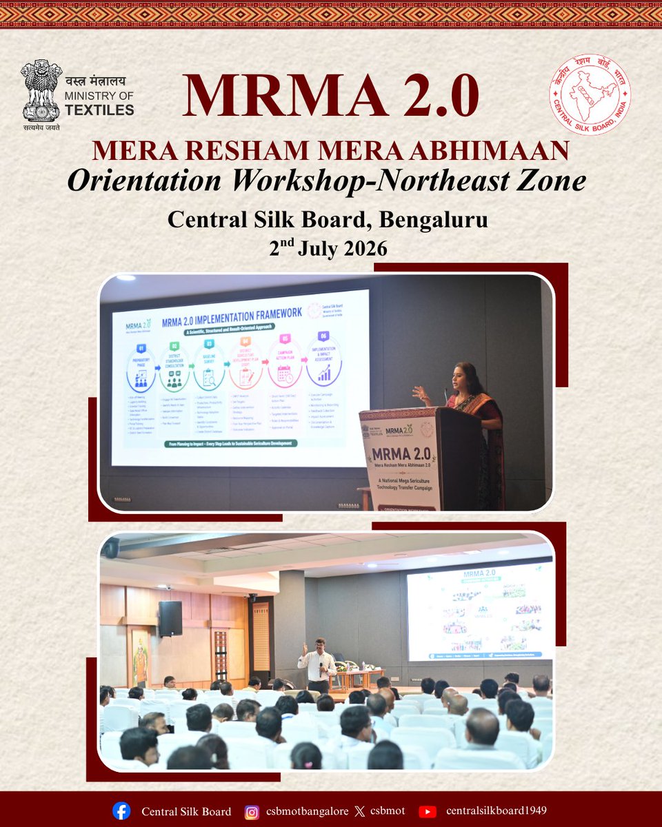 csbmot's tweet photo. MRMA 2.0 Orientation Workshop – Northeast Zone

Orienting MRMA teams for the successful implementation of MRMA 2.0 across the Northeastern sericulture states and strengthening the reach of technology transfer initiatives in the silk sector.

The occasion was graced by Shri Biswajit Daimary, Hon'ble Minister, Department of Handloom, Textiles & Sericulture, Government of Assam, along with State and CSB officials of the Northeast Region.

#MRMA2_0 #MeraReshamMeraAbhimaan #CentralSilkBoard #TechnologyTransfer #SericultureDevelopment #NortheastIndia #EriSilk #VanyaSilk #SilkSectorGrowth #MinistryOfTextiles

[MRMA 2.0,Technology Transfer, Sericulture Extension, Northeast Sericulture, Silk Sector Development, Farmer Outreach, Central Silk Board, Ministry Of Textiles]

@texminindia @girirajsinghbjp @margheritapabitra @sivakumarifs