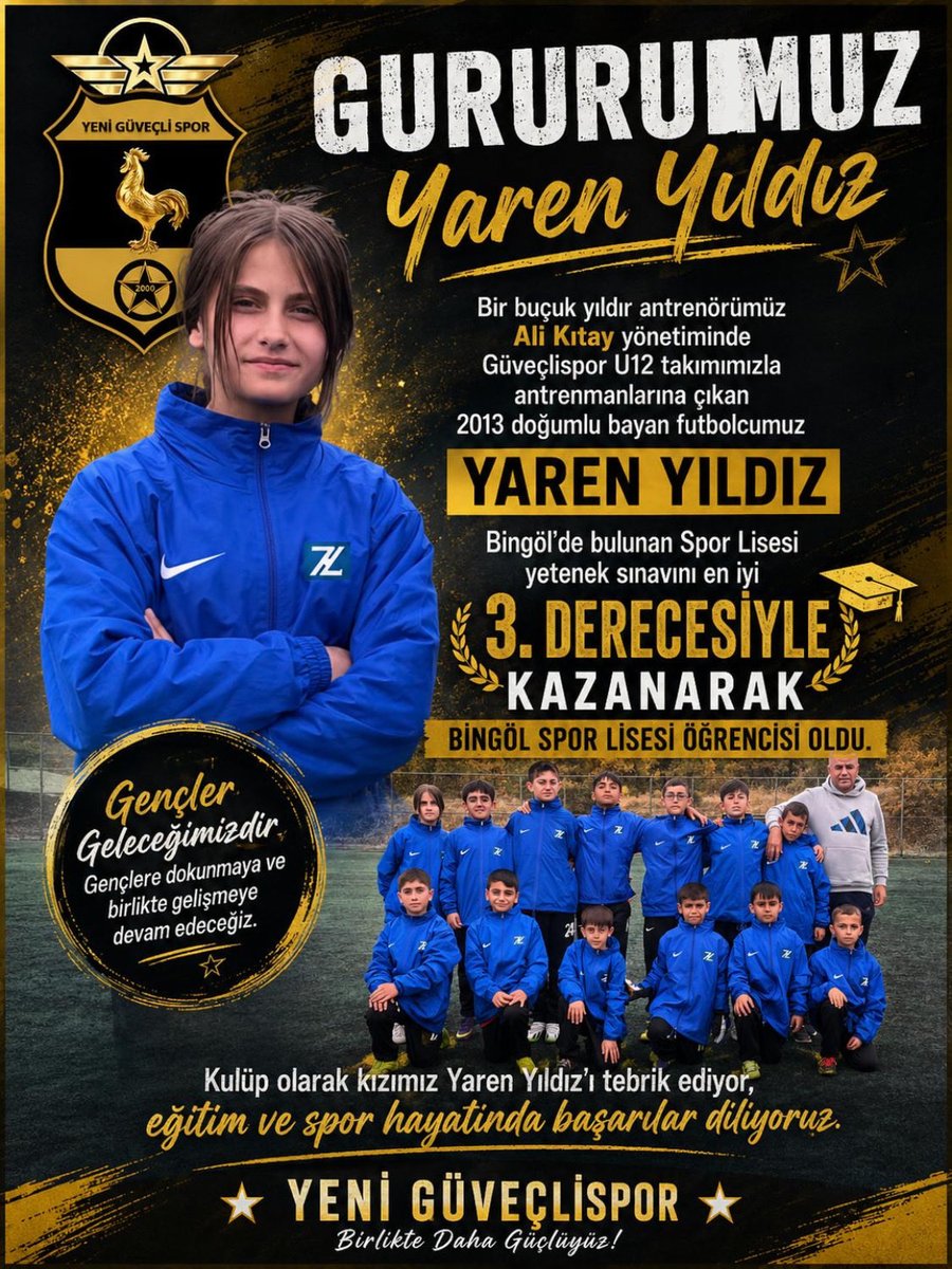 YeniGuveclispor's tweet photo. 1.5 yıldır antrenörümüz Ali Kıtay yönetiminde Güveçlispor U12 takımımız antrenmanlarına çıkan sporcumuz Yaren Yıldız, Bingöl Spor Lisesi yetenek sınavını en iyi 3’üncü derecesiyle kazandı. Kızımız Yaren Yıldız’a eğitim ve spor hayatında başarılar diliyoruz.
@_cevdetyilmaz https://t.co/eO7bL2X6at