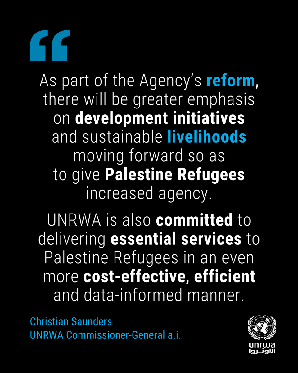 UNRWA's tweet photo. At the UNRWA Pledging Conference, Commissioner-General a.i. Christian Saunders emphasised that the Agency must evolve to address new challenges.

Reform means adapting to new realities to ensure assistance reaches those who need it most through modernised ways of working: streamlined processes, data informed decision making, and strengthened accountability in delivering maximum value for every contribution received.

Until a lasting solution is secured, enhanced opportunities for Palestine Refugees provide much needed positive prospects for youth and the region as a whole.

Read the statement: https://t.co/tBGA86yTsI