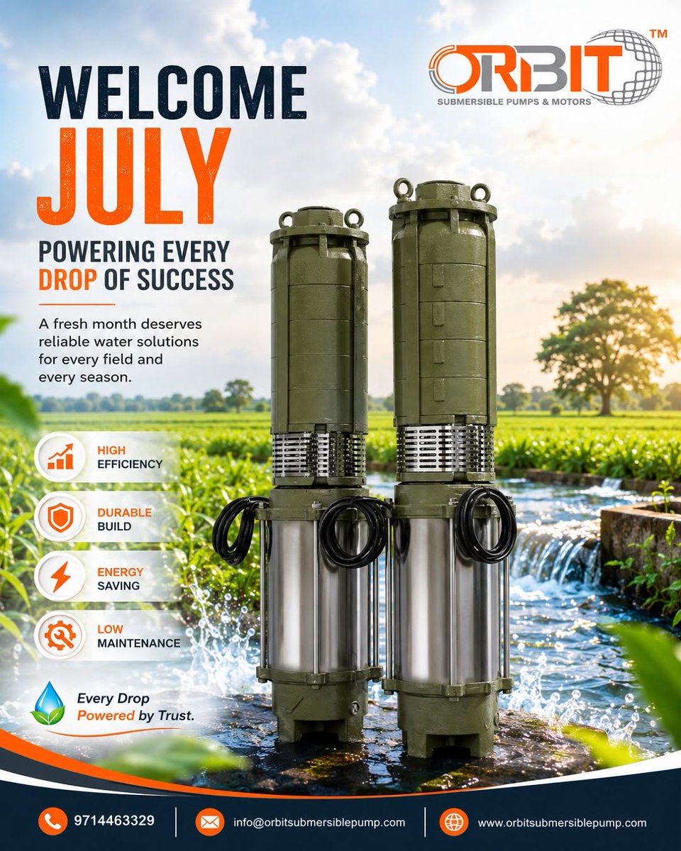 orbitpump's tweet photo. Welcome, July! ๐พ๐ง
Power every drop with Orbit Submersible Pumpsโbuilt for efficiency, durability, and reliable performance all season long. ๐โก
#OrbitSubmersiblePump #WaterPump #SubmersiblePump #Agriculture #Irrigation #WaterSolutions #MadeInIndia #EnergyEfficient #July https://t.co/chGog5cMKI
