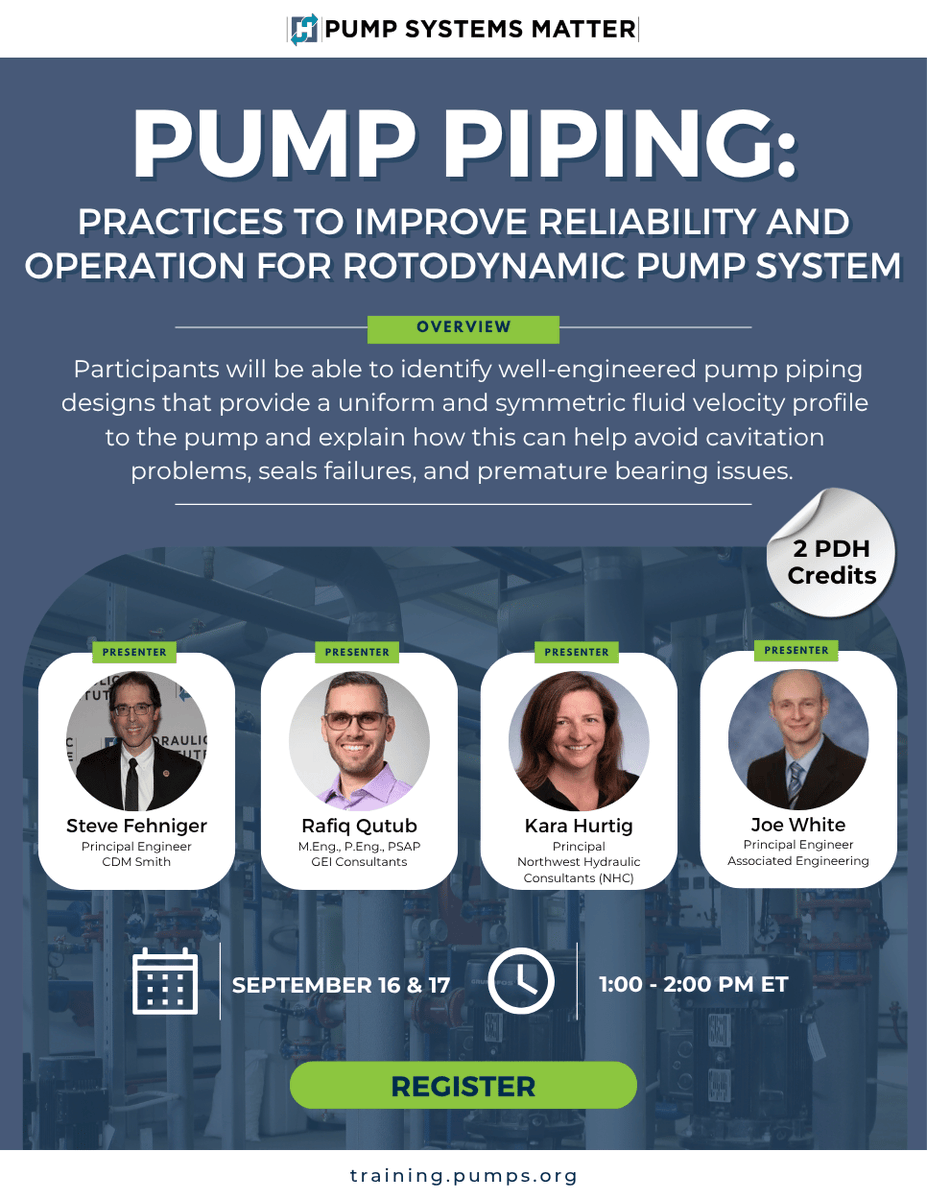 HIpumps's tweet photo. Join our two-part webinar on pump piping and learn practices to ensure optimal pump performance &amp; reliability.

🗓️ September 16 &amp; 17 | ⏰ 1:00 PM - 2:00 PM ET | 🎓 2 PDH Credits

Based on the ANSI/HI 9.6.6 pump piping standard.

Register Today 👉 https://t.co/ZYi96W9pSC https://t.co/0OXeCkfzqc