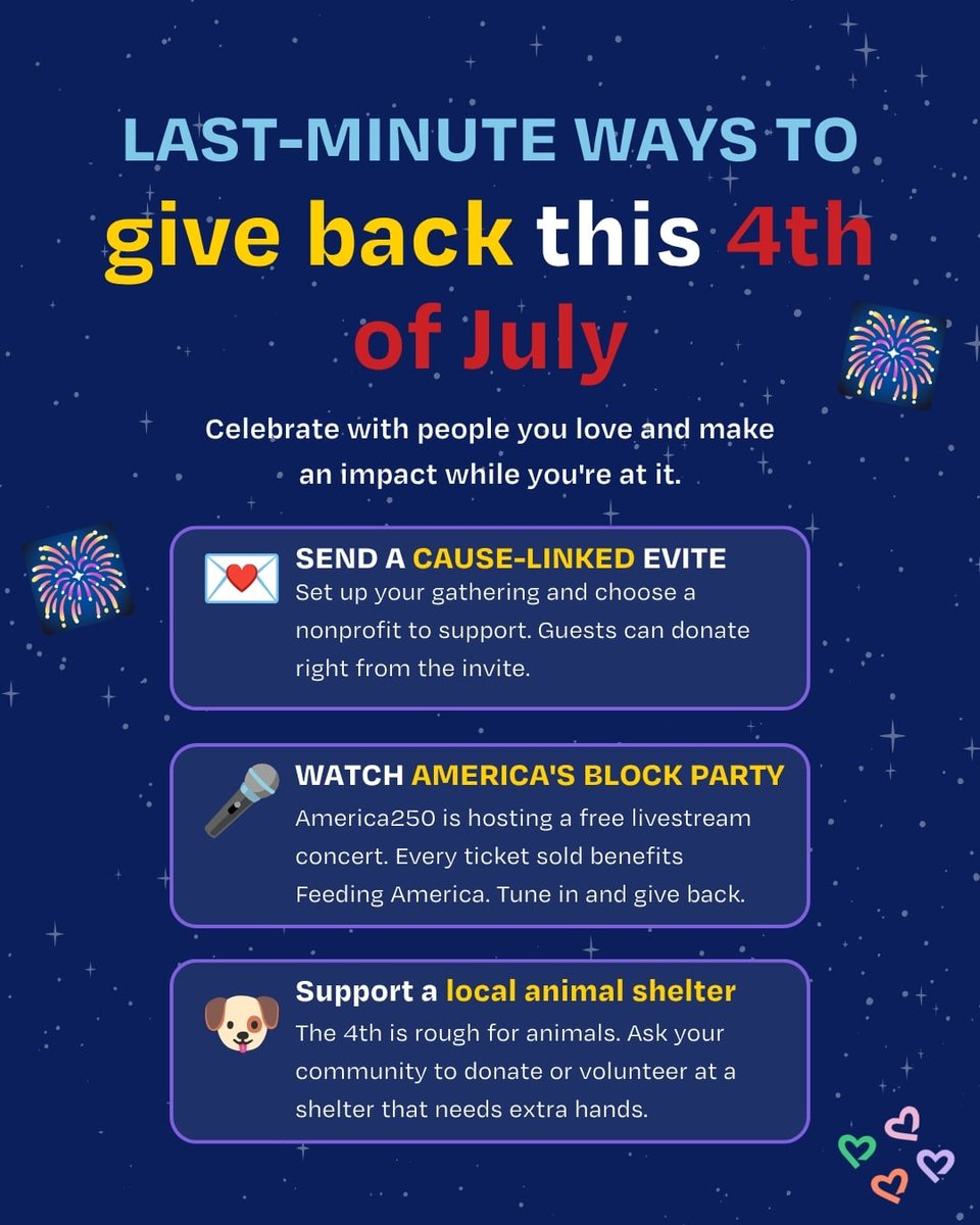 pledgetodogood's tweet photo. 4th of July plans? Here are 4 last-minute ways to add some impact from cause-linked Evites to supporting your local animal shelter. Every little bit counts. 🎆 #Giving4th #4thOfJuly #GiveBack #Pledge https://t.co/nIBIal0pZM