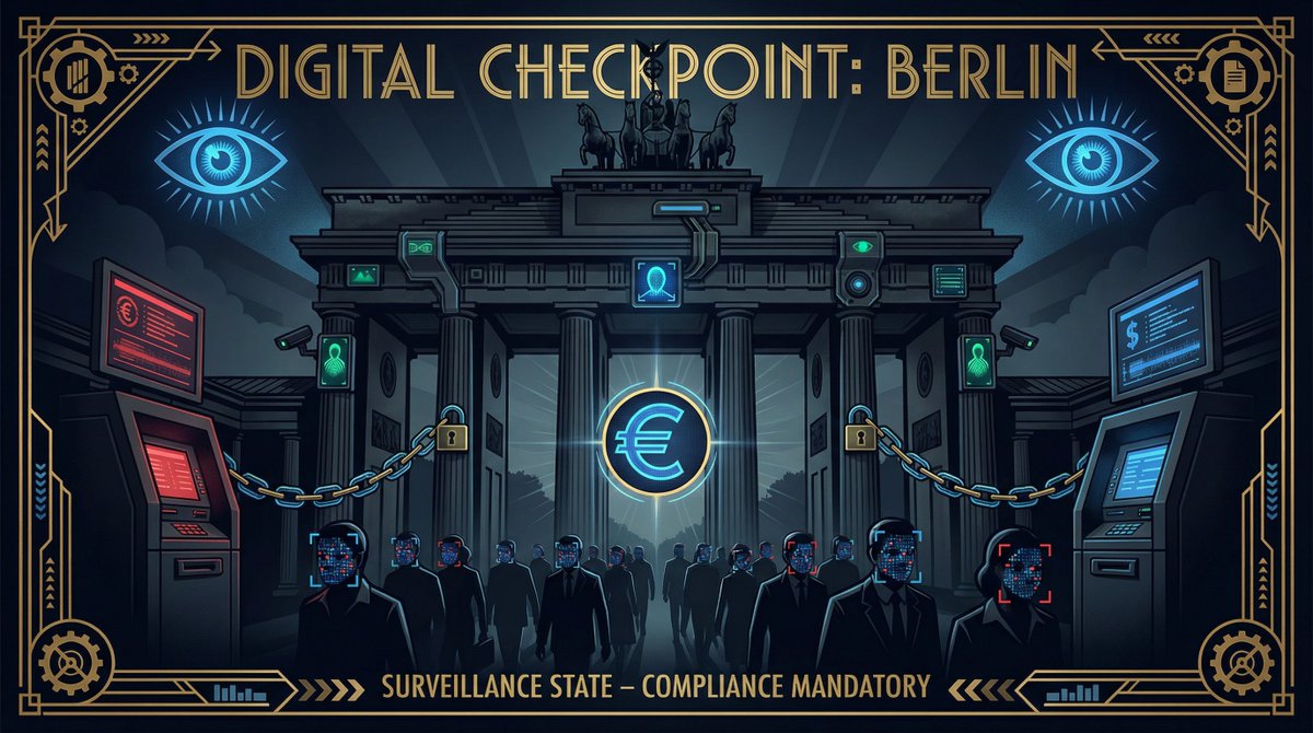AaronRDay's tweet photo. Germany consolidated 70 million faces into one wallet and filed it under "convenience."

The EU Digital Identity Wallet went live in 2024, and Germany's pilot fuses health records, bank accounts, and government services into a single app. 85% population coverage is the plan. No opt-out for essential services.

Deutsche Bahn and Berlin transit deployed facial recognition at major stations in 2023, while Hamburg and Munich run predictive policing pilots. GDPR technically survives. The "public safety exceptions" simply keep eating it.

MiCA took effect January 2024, attaching full KYC/AML to every stablecoin, and Berlin pipes transaction data into the ECB digital euro pilots. Private crypto, central bank leash.

The vendors are not a mystery. Verimi and IDnow took the digital ID contracts. Palantir runs the predictive policing infrastructure, all with government backing.

Former Health Minister Jens Spahn is a WEF Young Global Leader, Berlin hosts the annual WEF Hub, and Germany sits top-5 among funders of the WHO, World Bank, and IMF. The V-Dem liberal democracy score has already slid to 0.79.

They laid the rails while everyone was assured this was about "digitalization." Score it 64.0 and ask which exception falls next.