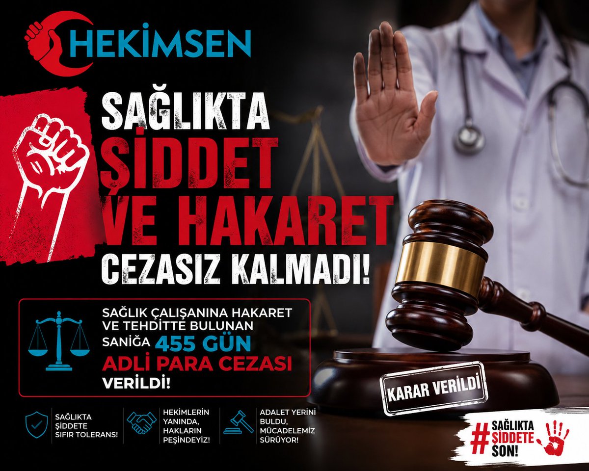 hekimsen's tweet photo. ⚖️ SAĞLIKTA ŞİDDET VE HAKARET CEZASIZ KALMADI: SANIĞA 455 GÜN ADLİ PARA CEZASI!
Kendisini tedavi eden üye hekimimize, işlem sırasında hakaret eden kişi hakkında ceza verilmesini sağladık.
Bıçakla yaralanması nedeniyle hastaneye getirilen hastaya, ilk müdahalenin ardından Radyoloji bölümünde görev yapan üye hekimimiz tarafından anjiyo işlemi yapılmıştır.
İşlem sonrasında pansuman yapıldığı sırada hasta, kendisine şifa vermek için görevini yapan hekimimize yönelik ağır hakarette bulunmuştur.
⚖️ Hekimsen Hukuk Birimi olarak olayın ilk anından itibaren sürece müdahil olduk, dosyayı sonuna kadar takip ettik ve hekime yönelik hakaretin cezasız kalmaması için hukuki mücadelemizi kararlılıkla sürdürdük.
Sanık tarafından, işlem sırasında bandın sıkması nedeniyle canının yandığı ve ağrı sebebiyle kendini kaybettiği ileri sürülerek suçlama kabul edilmemiştir.
Ancak mahkemece yapılan değerlendirme sonucunda, üye hekimimize yönelik kamu görevlisine görevinden dolayı hakaret suçunun işlendiği sabit görülmüş ve sanık hakkında;
✅ Hakaret suçundan 455 gün adli para cezası verilmiştir.
📌 Hekime hakaret cezasız kalmaz.
📌 Hekim ve sağlık çalışanının emeği ve itibarı sahipsiz değildir.
📌 Tedavi eden hekime saldırı da hakaret de kabul edilemez.
Ancak bir gerçeği bir kez daha hatırlatıyoruz:
‼️ Sağlıkta şiddete, hakarete ve tehdide verilen cezalar yeterince caydırıcı değildir.
Hekime ve sağlık çalışanına karşı işlenen suçların karşılığı olan cezalar; ertelenemez, hükmün açıklanması geri bırakılamaz ve caydırıcı nitelikte olmalıdır.
Hekimsen Hukuk Birimi; hekimlerimize ve sağlık çalışanlarımıza yönelen her türlü hakaret, tehdit ve saldırıya karşı hukuki mücadelesini kararlılıkla sürdürmektedir.
#Hekimsen #HekimsenHukukBirimi