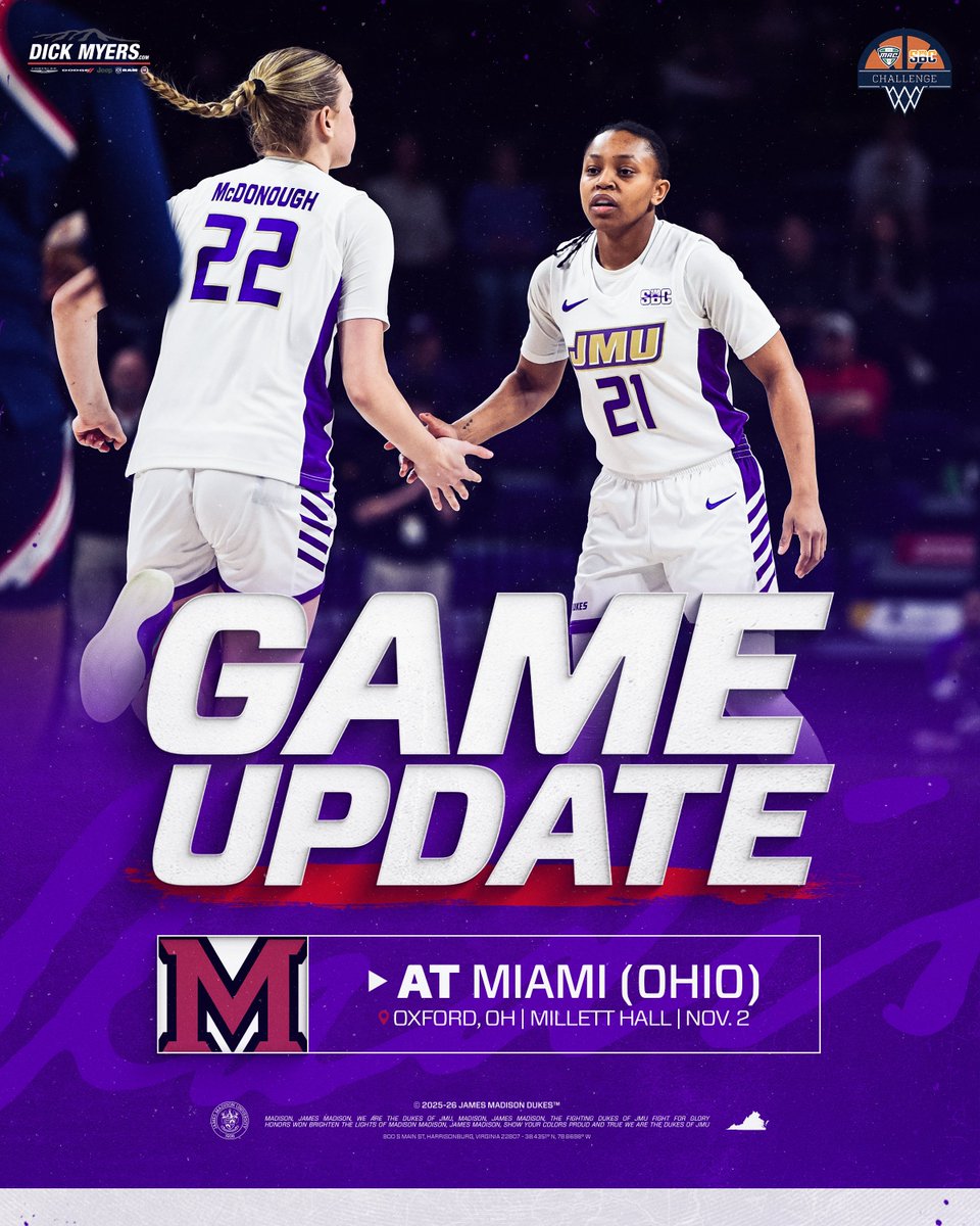 JMUWBasketball's tweet photo. Champs vs. Champs 🏆

The Dukes will open the 2026-27 season at Miami (Ohio) as part of the MAC-SBC Challenge!

#GoDukes | #MACxSBC https://t.co/VwlA8AWY3c