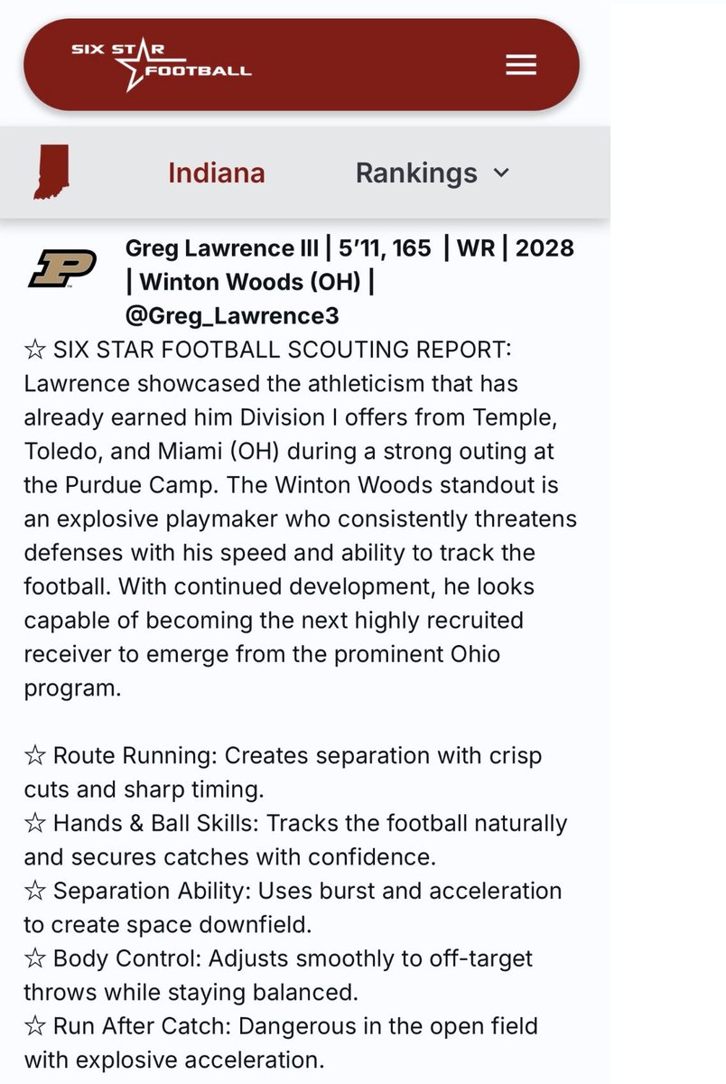 Greg_Lawrence3's tweet photo. Thank you @sixstarfootball for the article!!! @CoachChadMurphy @jcornwall_8 @Coach__Lal @CoachCJCole @BoilerFootball https://t.co/ip0WpO3bvd