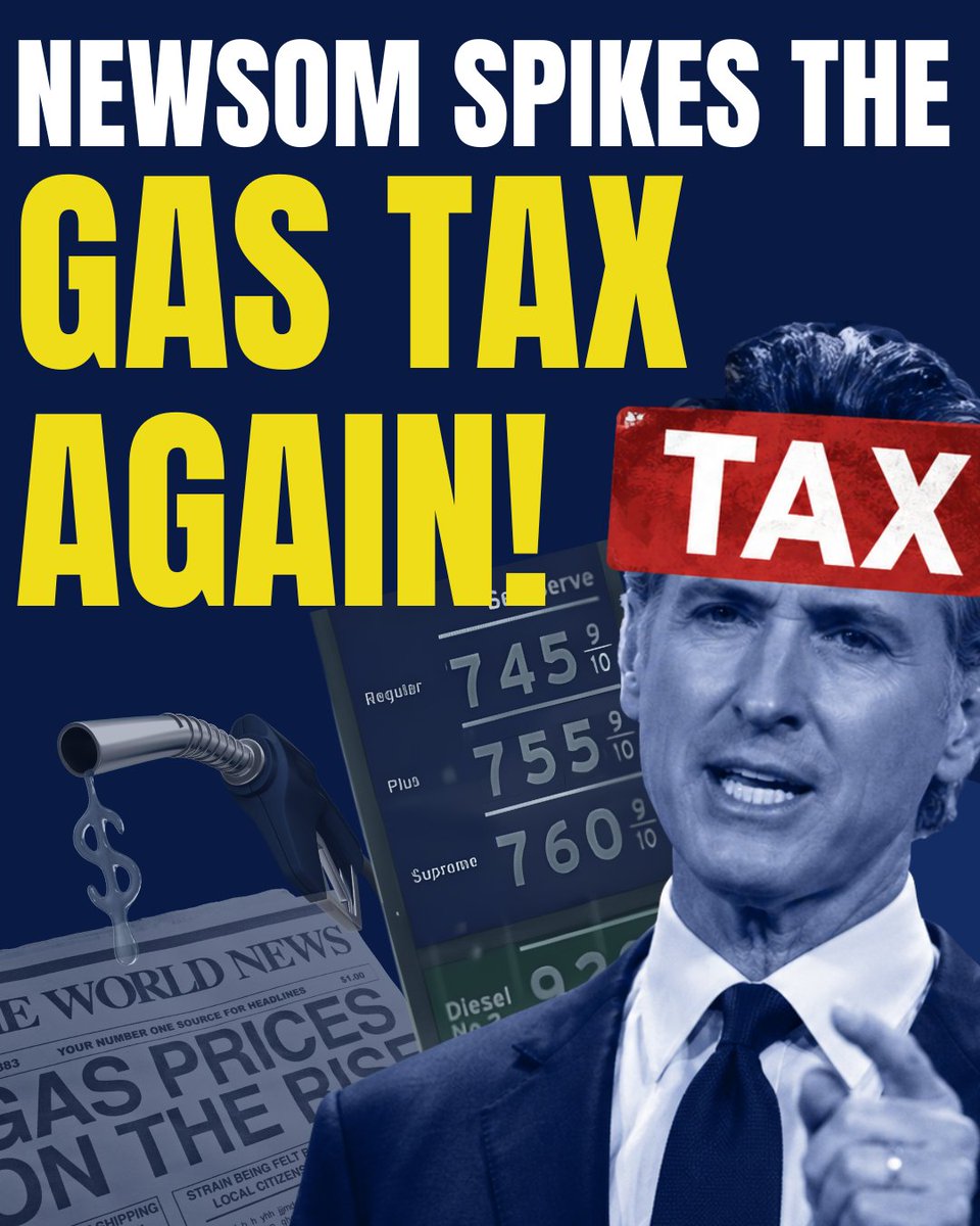 carldemaio's tweet photo. NEWSOM SPIKES THE GAS TAX AGAIN!

California’s gas tax has more than doubled since 2017 — and it just jumped again to 63.4¢ per gallon.

In Gavin Newsom’s California, Sacramento spends more, wastes more, taxes more — and you pay more. https://t.co/rjCaSUkGQA