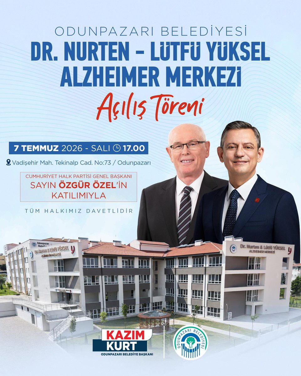 AvKazimKurt's tweet photo. Değerli hemşehrilerim,

Odunpazarı Belediyesi olarak yaş almış büyüklerimizin yaşam kalitesini artıracak, ailelerine destek olacak çok önemli bir sosyal hizmeti daha kentimize kazandırmanın mutluluğunu yaşıyoruz.

Dr. Nurten – Lütfü Yüksel Alzheimer Merkezi’nin açılışını, Cumhuriyet Halk Partisi Genel Başkanımız Sayın Özgür Özel’in katılımıyla gerçekleştireceğiz.

7 Temmuz Salı günü saat 17.00’de Vadişehir Mahallesi’nde buluşarak, dayanışmanın, sosyal belediyeciliğin ve insan odaklı hizmet anlayışımızın yeni bir eserini hep birlikte açacağız.

Bu anlamlı günde siz değerli hemşehrilerimizi aramızda görmekten onur duyarız.

📍 Vadişehir Mah. Tekinalp Cad. No:73