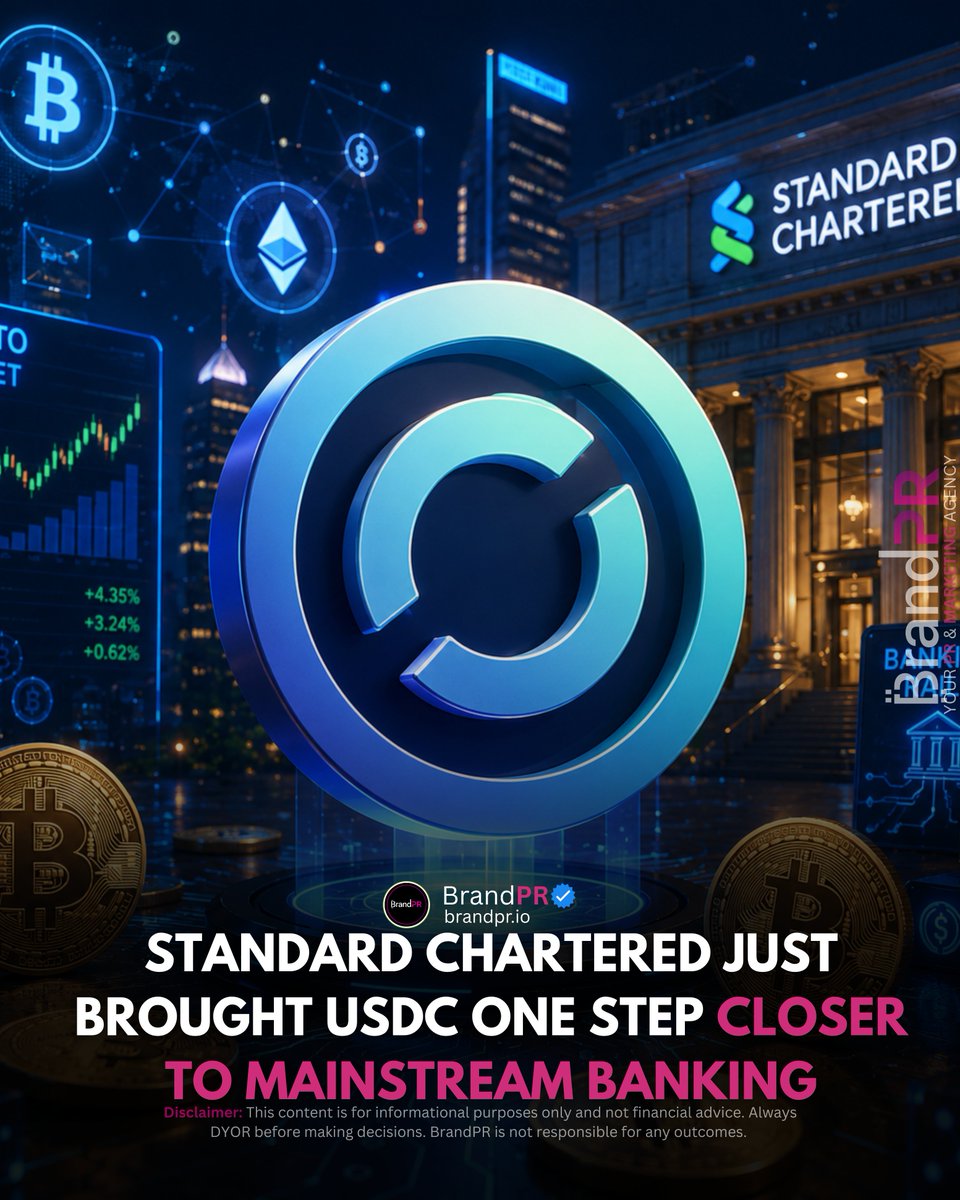 BrandPR_io's tweet photo. Standard Chartered has partnered with @circle to bring USDC minting and redemption directly onto banking rails, making it easier for institutional clients to access digital dollars through familiar banking infrastructure.

This marks another step toward bridging traditional finance and blockchain, showing how stablecoins are becoming a core part of the global financial system.

Do you think bank-backed stablecoin access will accelerate crypto adoption?

Follow @BrandPR_io for the latest Web3, crypto, and blockchain insights.
@StanChart 
#USDC #Circle #StandardChartered #Stablecoins #Crypto #Blockchain #Web3 #Fintech #BrandPR
