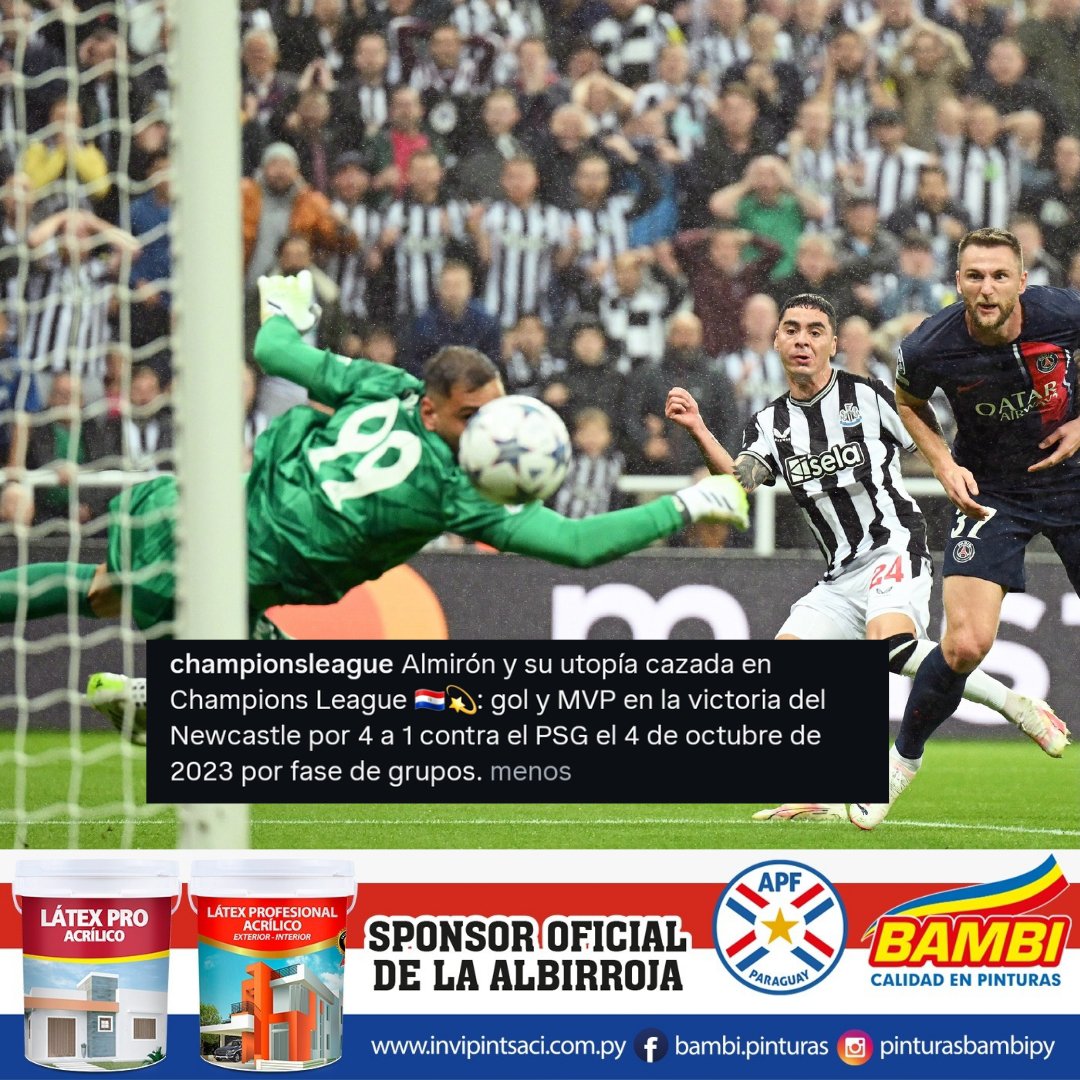 BrunoPont's tweet photo. A días del partido entre Paraguay y Francia, la cuenta oficial de la Champions League recordó el golazo de Miguel Almirón ante el París Saint Germain.

@rockandpop955
@nanduti
#LaGranJugadaMundial https://t.co/yUxLA0shiW