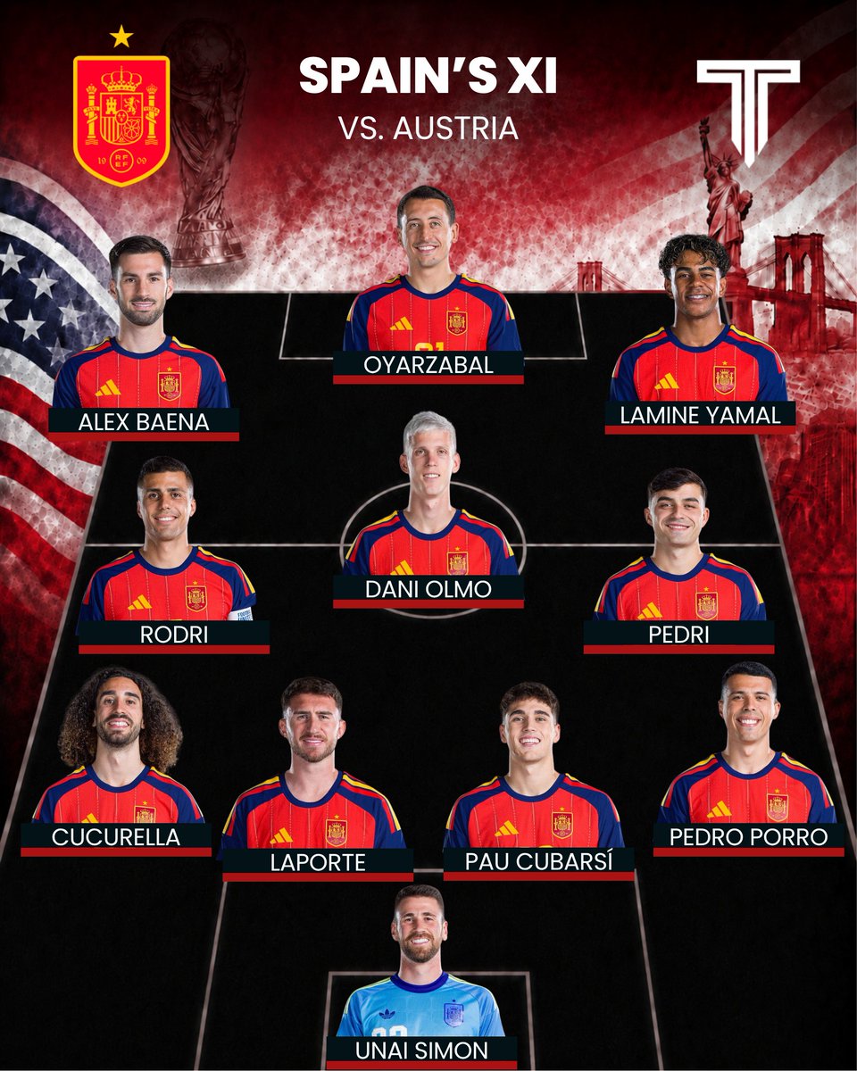TouchlineX's tweet photo. 🚨 𝗢𝗙𝗙𝗜𝗖𝗜𝗔𝗟: Spain XI in the World Cup Round of 32 game vs. Austria! 🇪🇸💫 https://t.co/FJ8SnJ0k9L