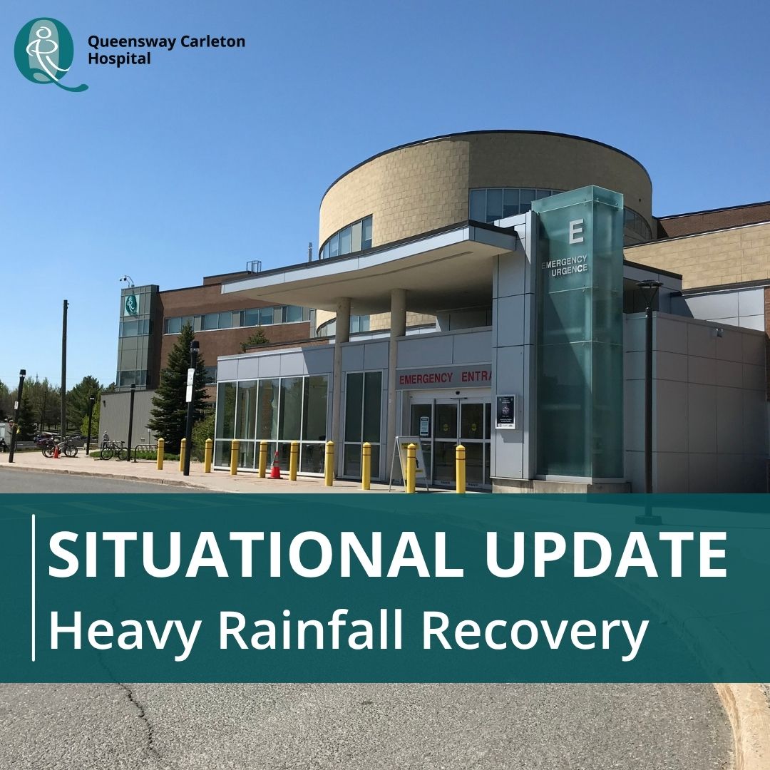 QCHOttawa's tweet photo. Due to heavy rainfall on July 1, a few areas of the hospital have been impacted.

All clinical services, appointments, and procedures continue as scheduled. We thank staff who came in during the holidays and worked overnight on clean-up and remediation. https://t.co/ml2QfhfXcE