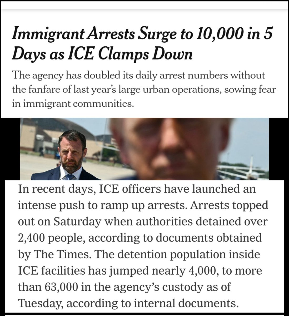 derzum_'s tweet photo. NYT confirms that ICE has doubled its daily arrest rate, with a fraction of the protests and none of the drama, outpacing the records set by Noem.

Immigration enforcement has been arresting over 2,000 migrants a day, or more considering other work in the interior under Mullin. https://t.co/Rnxj8bZ4Fu