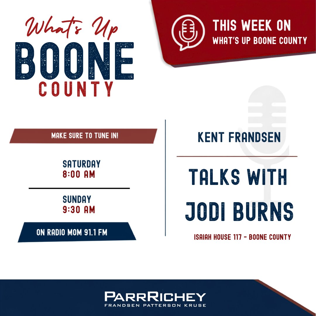ParrRichey's tweet photo. 🎙️ Tune in this weekend to What's Up Boone County on Radio Mom 91.1 FM!

This week, Kent Frandsen welcomes Jodi Burns of Isaiah House 117 – Boone County for a conversation on What's Up Boone County.

📻 Saturday at 8:00 a.m.
📻 Sunday at 9:30 a.m.
#WhatsUpBooneCounty #RadioMom https://t.co/xwIEAe6mRc
