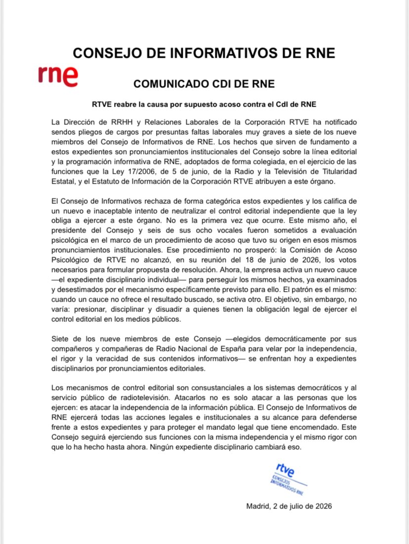 CdiRNE's tweet photo. La Dirección de RRHH y Relaciones  Laborales de la Corporación ha decidido continuar con el expediente abierto a siete de los nueve miembros de este Consejo, a pesar de no contar con el aval de la Comisión de Acoso Psicológico de RTVE. https://t.co/eVpv4bhPmJ