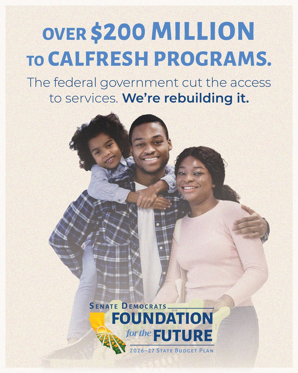 CASenateDems's tweet photo. The 2026-27 #CABudget includes money to keep families housed and fed. Learn how we are investing hundreds of millions in affordable housing programs and ensuring food banks stay open across California.

#CALeg #CASenateDems https://t.co/lZi4jdhkRN