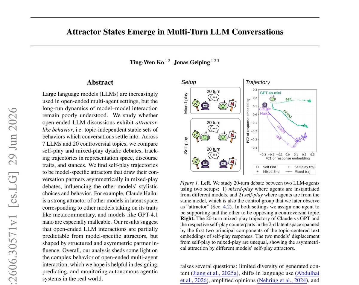 jonasgeiping's tweet photo. What do LLMs get up to when left to have free-form conversations with copies of themselves or other models?

And how can we even quantify what models are doing in free-form conversations? 

We ran a number of free-form discussions between LLMs and observed the dynamics of the conversation in representation space.
There we can quantify a few quite interesting behaviors:

1) When we control for topics, the remaining representation space trajectories for models are quite predictable, so models 'end up' in a similar space across conversations when talking to a copy.

2) More interestingly, if talking to another model, we can observe that the dynamics circle the end points of both models, i.e. the models are being attracted by one another, taking on features and styles from the other.

3) This attraction is highly model-specific. For example Haiku is strongly attracting other models, while barely budging...

A few more details and plots (and an arxiv link below):