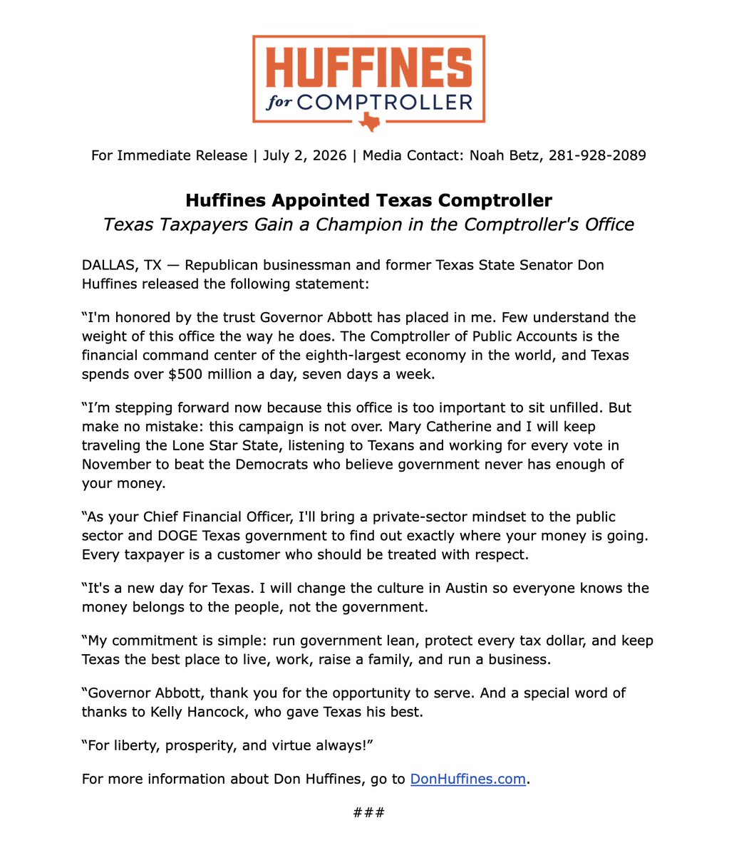 DonHuffines's tweet photo. Taxpayers Gain a Champion in the Comptroller's Office

PRESS RELEASE: https://t.co/vsM5nUpA4H https://t.co/l3ZY5issWV