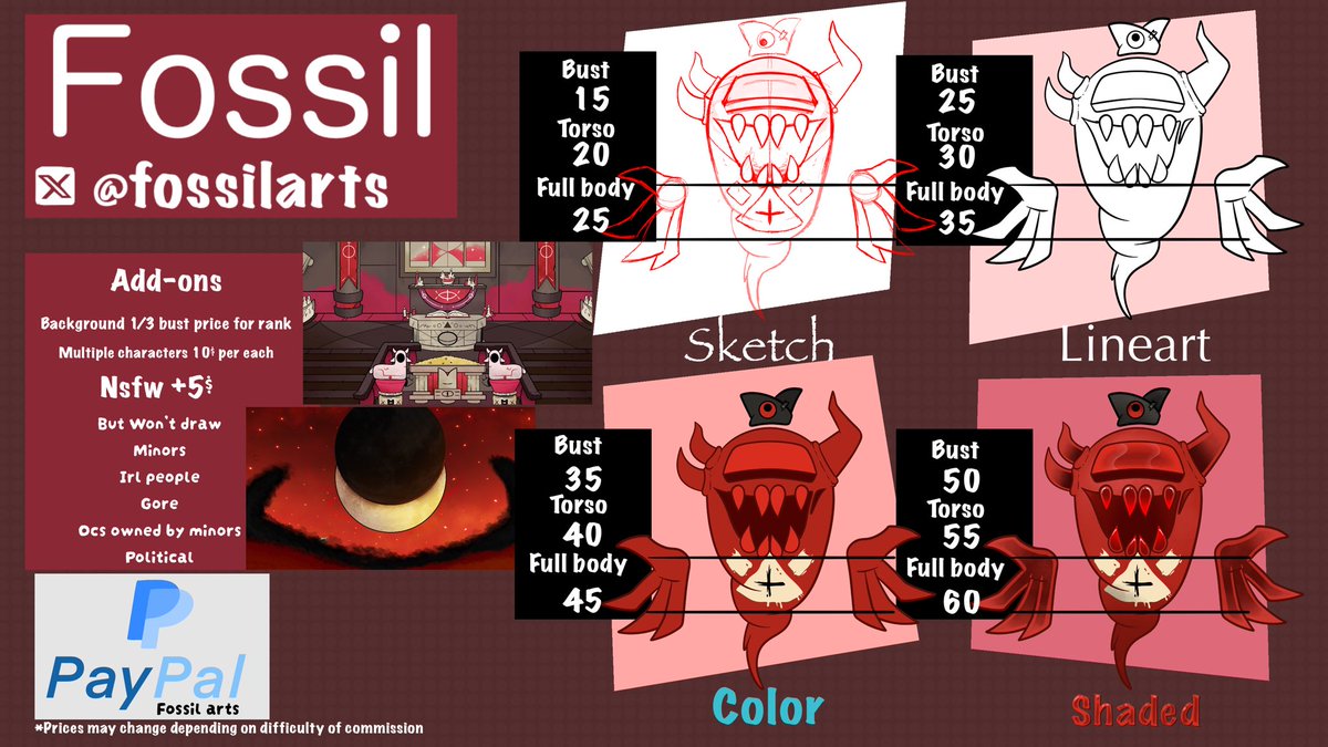 fossilarts's tweet photo. Emergency commissions , need to make 100$ before next week ends so doing coms 10$ discount (take pic and minus 10 from prices) #commissionㅤ #commission_art #digitalartㅤㅤㅤㅤ https://t.co/wQZvsIn7u7