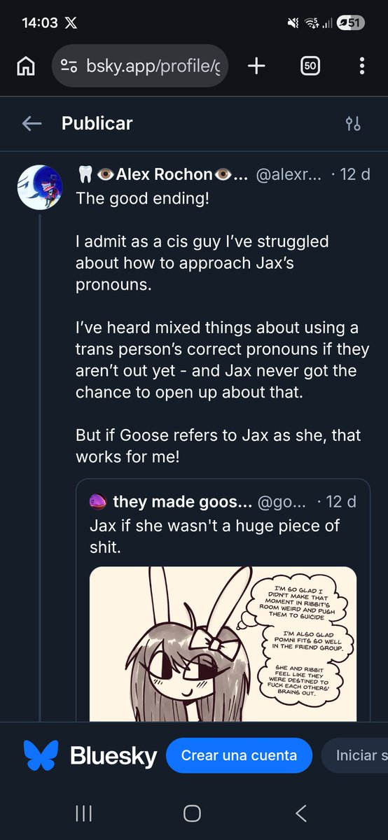 AngryDate's tweet photo. @reerttrr3 @yoshy_draws @gatito_patr Goose not only did answer the pronouns question herself, in the screenshot I showed you first, she called Jax a SHE, so we're back to "The author confirmed it". https://t.co/BvGYMhYATi