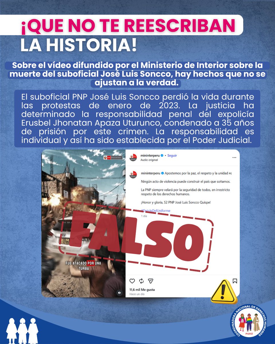 cnddhh's tweet photo. 🚨 ¡No reescriban la historia! Sobre el vídeo difundido por el Ministerio de Interior sobre la muerte del suboficial José Luis Soncco, hay hechos que no se ajustan a la verdad.⚖️❌

Esto desinforma y revictimiza a los familiares y a todo un pueblo que exige justicia.

#MemoriaYJusticia #DerechosHumanos #Perú
