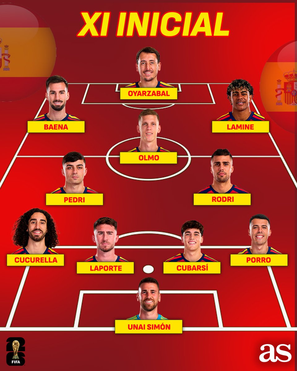 diarioas's tweet photo. 🇪🇸 ¡YA TENEMOS ONCE DE ESPAÑA! DE LA FUENTE REPITE EL EQUIPO QUE GANÓ A ARABIA SAUDÍ 

#nuestromejormundial #mundial2026 https://t.co/iFvmAg95xi