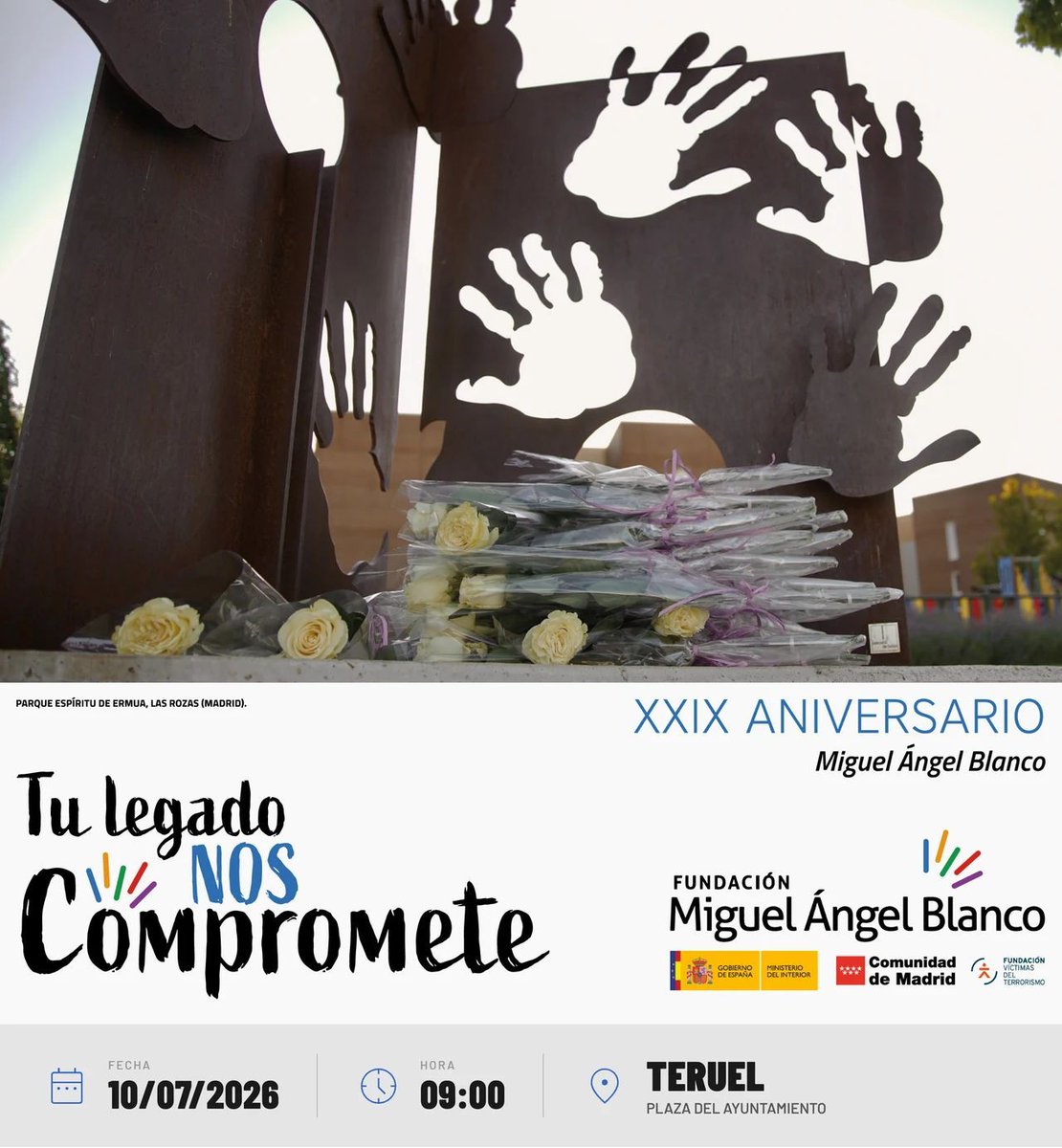 FundMABlanco's tweet photo. Acto en recuerdo de Miguel Ángel Blanco en TERUEL.

Fecha: 10/07/2026
Hora: 09:00
Lugar: PLAZA DEL AYUNTAMIENTO

https://t.co/rpxD2q8g79

#MiguelÁngelBlanco #Memoria #Dignidad #Justicia https://t.co/8rHRjqg4XA