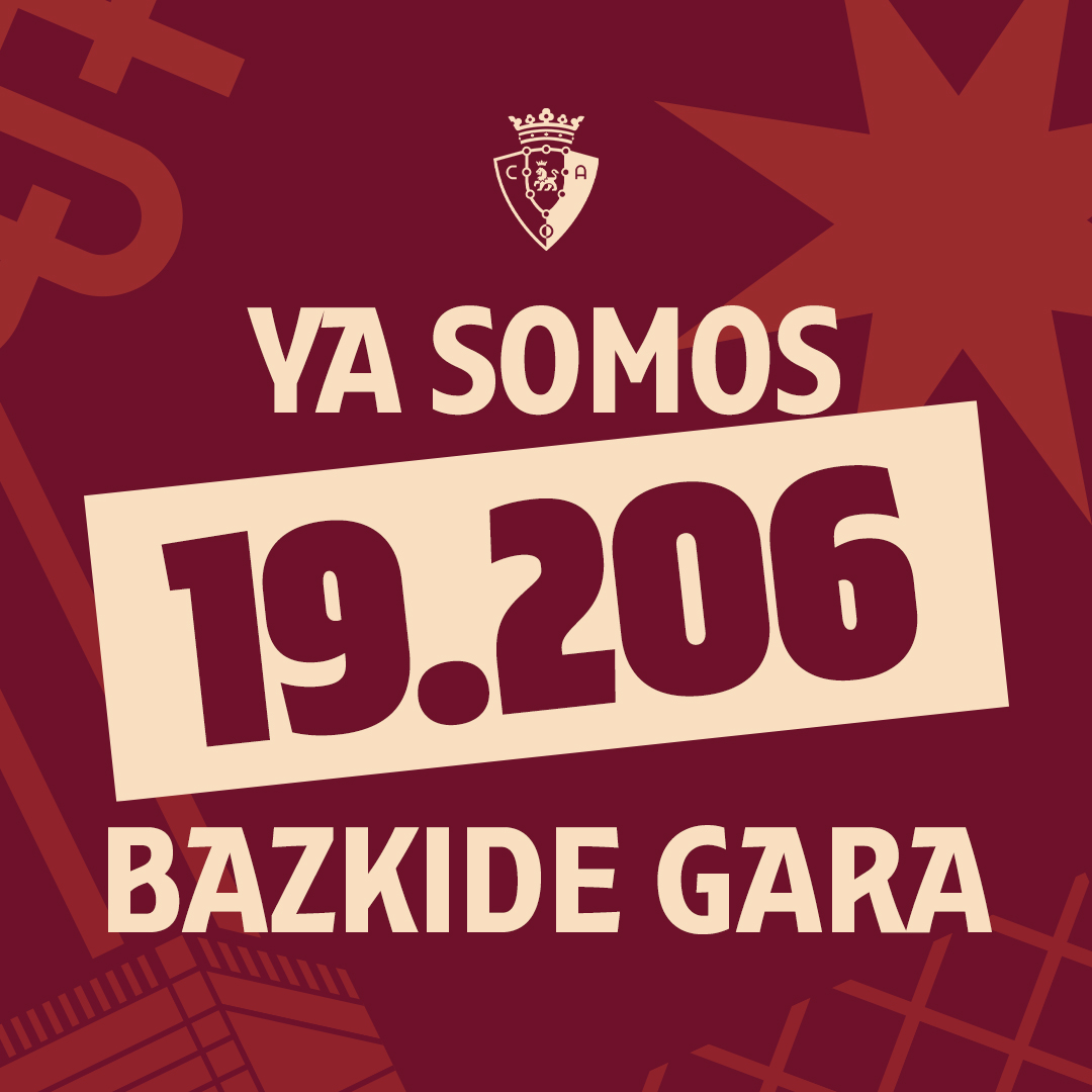 Osasuna's tweet photo. 🙌 ¡Ya somos 19.206 socios!

Recuerda que mañana es el último día para renovar tu abono. Puedes hacerlo presencialmente en las oficinas de El Sadar de 9 a 14 horas o de manera online en el 'Área del Socio' hasta las 23:59 horas. 

💻 https://t.co/AoFATGCtud https://t.co/rlsbsch4Qk