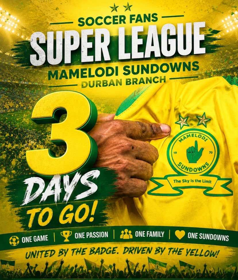 dbnbranch's tweet photo. We are just 3 days away from our Soccer Fans Super league fixtures which will be this coming Sunday which will be at Reservior Hills Grounds, Durban.

Let the Yellow Movement continue.👆🏻💛 https://t.co/jFFU3K1a8Z