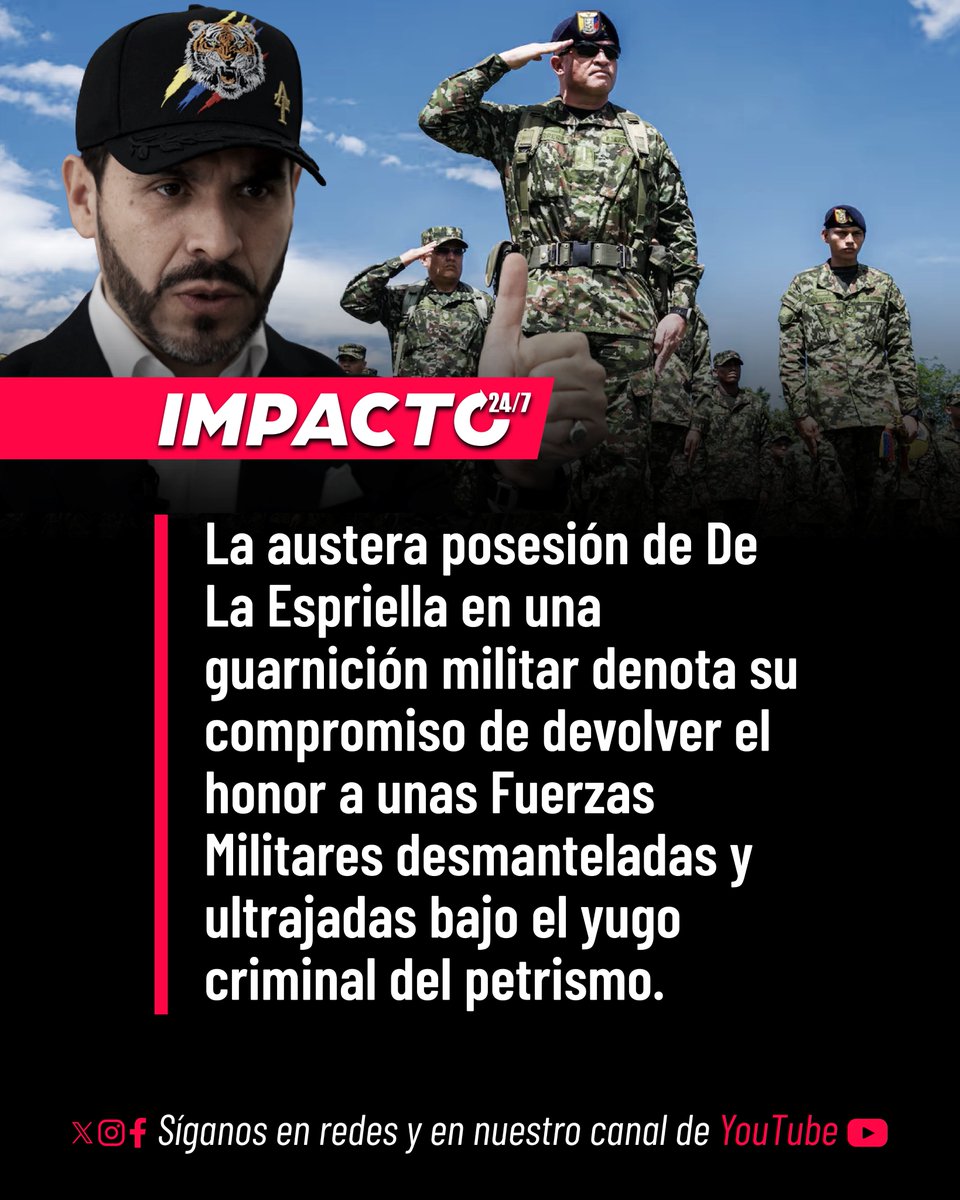 Impacto24_7's tweet photo. 🚨🇨🇴 FIRME CON LOS MILITARES | La decisión de Abelardo De La Espriella de recibir su cargo como nuevo presidente de los colombianos con una austera ceremonia en una guarnición militar, denota su compromiso de devolverle el honor a unas Fuerzas Militares que durante el narcogobierno terrorista de Petro, fueron sometidas a ser carne de cañón, a ultrajes de la minga en las asonadas, al plan pistola del Clan del Golfo y a una desfinanciación y desmantelamiento sistemático por parte de los nefastos ministros de defensa que fueron enemigos declarados de la seguridad y de la labor de la Fuerza Pública.