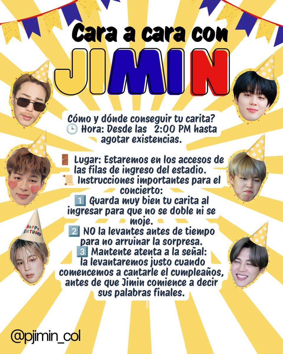 PJiminColombia's tweet photo. Fan Project “Cara a Cara con Jimin” 💛

Jiminlovers te presentamos nuestro proyecto para dentro del estadio los días 2 y 3 de Octubre en Bogotá al momento de cantarle el Feliz Cumpleaños a Jimin. 🎂🎶

🎯Nuestra meta es realizar 5.000 mil caritas cumpleañeras que ya están en producción con los miembros de nuestro equipo, pero te invitamos a realizar la tuya y si quieres apoyarnos también puedes hacerlo, escríbenos! 🙌💌
En el drive encontrarás las caritas, el paso a paso con un video tutorial. 🎥✨.

Revisa todo el post para que conozcas mejor todo el proyecto, Gracias por amar a Jimin y hagamos de esta visita la más especial para él. 💛

#JimtoberEnBogotá
#ElCampínLeCantaAJimin
#jimtoberfestcolombia2026