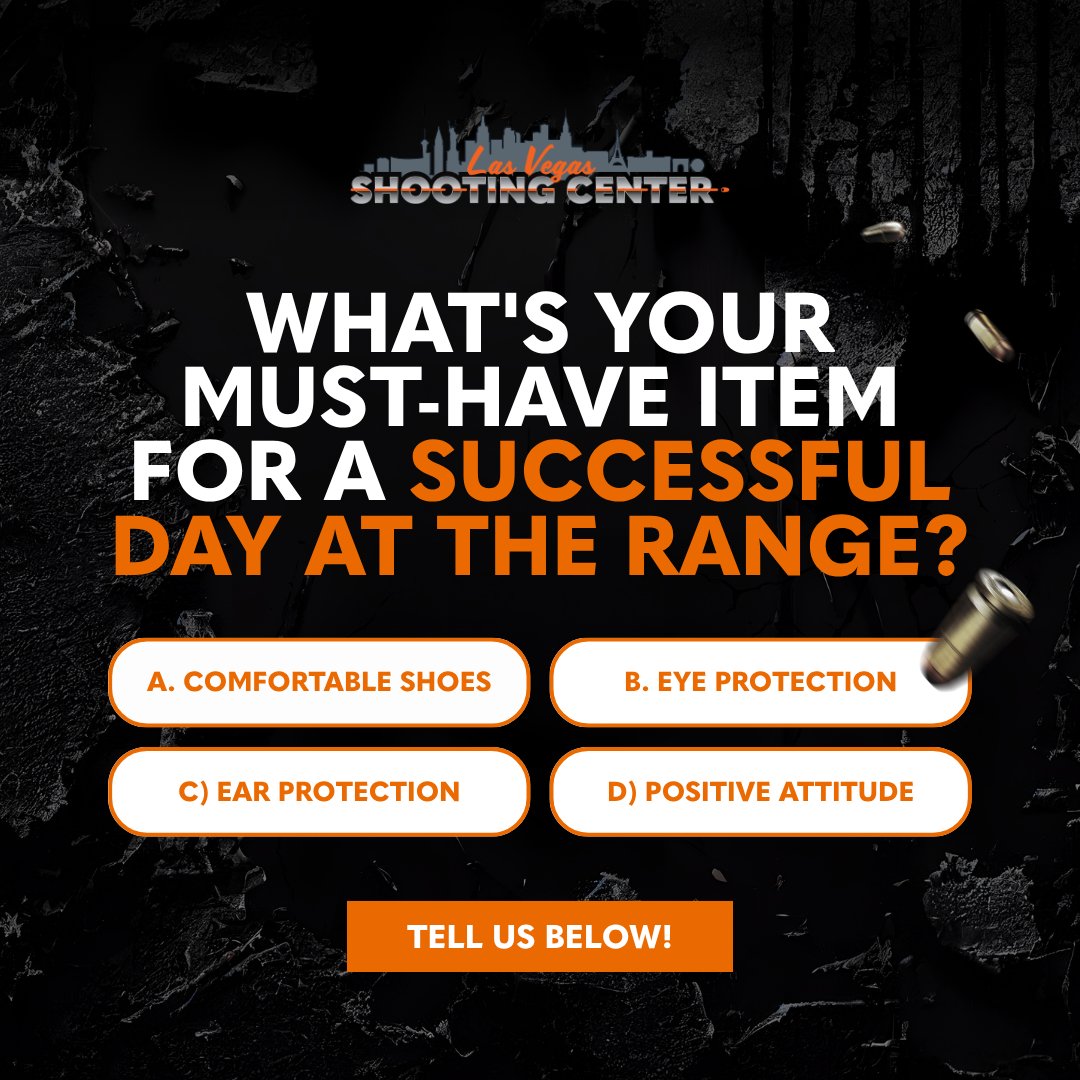 LVSC_Range's tweet photo. 🎯 Quick question: What's your must-have item for a successful day at the range?
A) Comfortable shoes
B) Eye protection
C) Ear protection
D) Positive attitude
Tell us below! 👇
#RangeDay #VegasFun https://t.co/imqOMOp1Nz