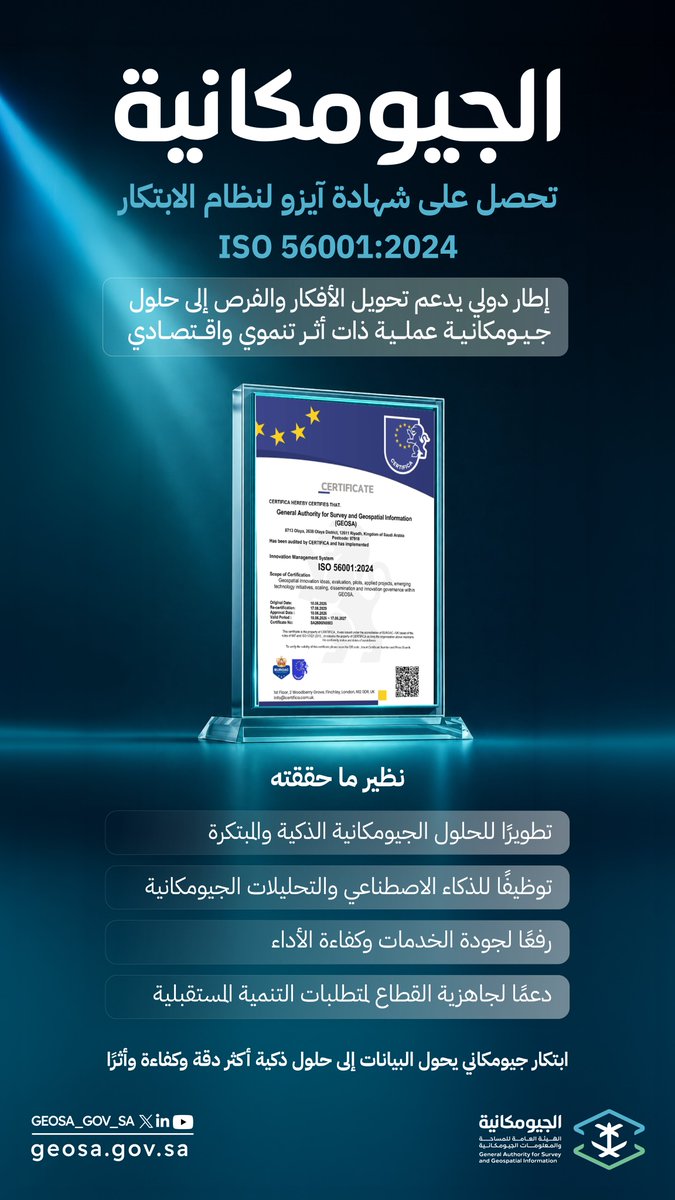 GEOSA_GOV_SA's tweet photo. حصلت #الجيومكانية على شهادة الآيزو لنظام الابتكار ISO 56001:2024؛ في إطار تطوير حلول جيومكانية ذكية ومبتكرة، وتوظيف التقنيات الناشئة والذكاء الاصطناعي بما يدعم كفاءة الخدمات وجاهزية القطاع للمستقبل. https://t.co/bOTcbq1KxG