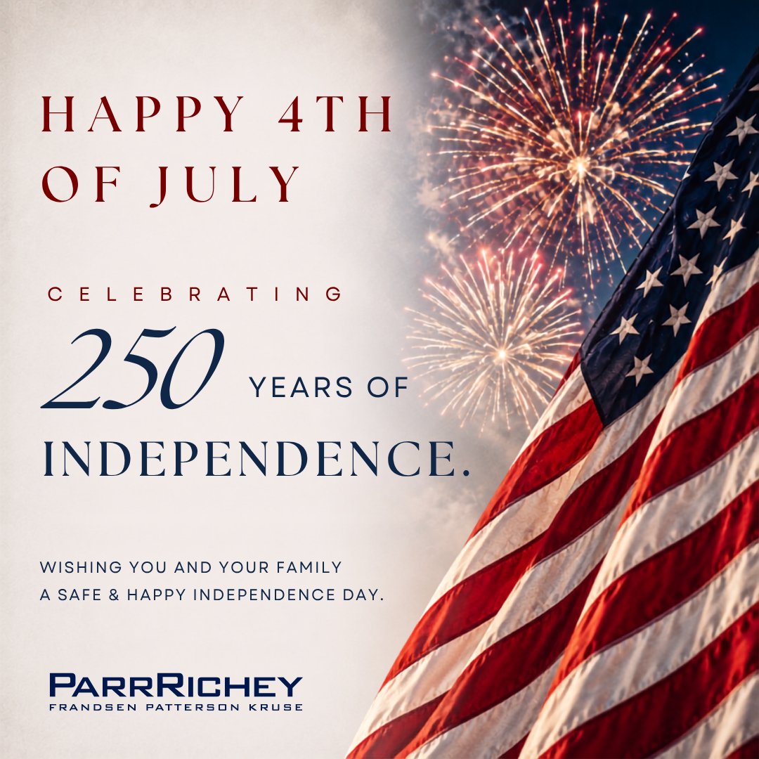 ParrRichey's tweet photo. Happy Fourth of July from all of us at Parr Richey!

As America celebrates 250 years of independence, we're grateful for the opportunity to serve our communities. We wish you a safe and memorable holiday with family, friends, and time to celebrate. 

#America250 #ParrRichey https://t.co/ZH5o1zQUzu