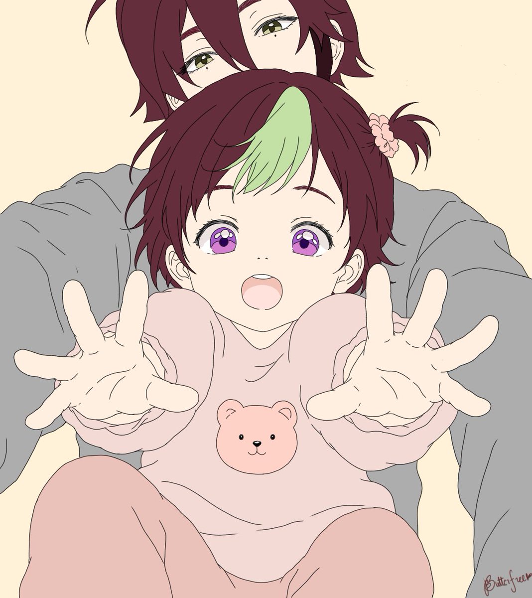 ViaVelle's tweet photo. Accepted that this is probably never getting past base colors. 😭

"Heizou sent a photo of their daughter reaching for his phone while he peeked into the frame from above, holding her on his lap."
-Concept by @Pandadoesstuff (thank you for the treat, bestie 🥰)

#Heizou
#HeiShino https://t.co/eur8iC4Lio