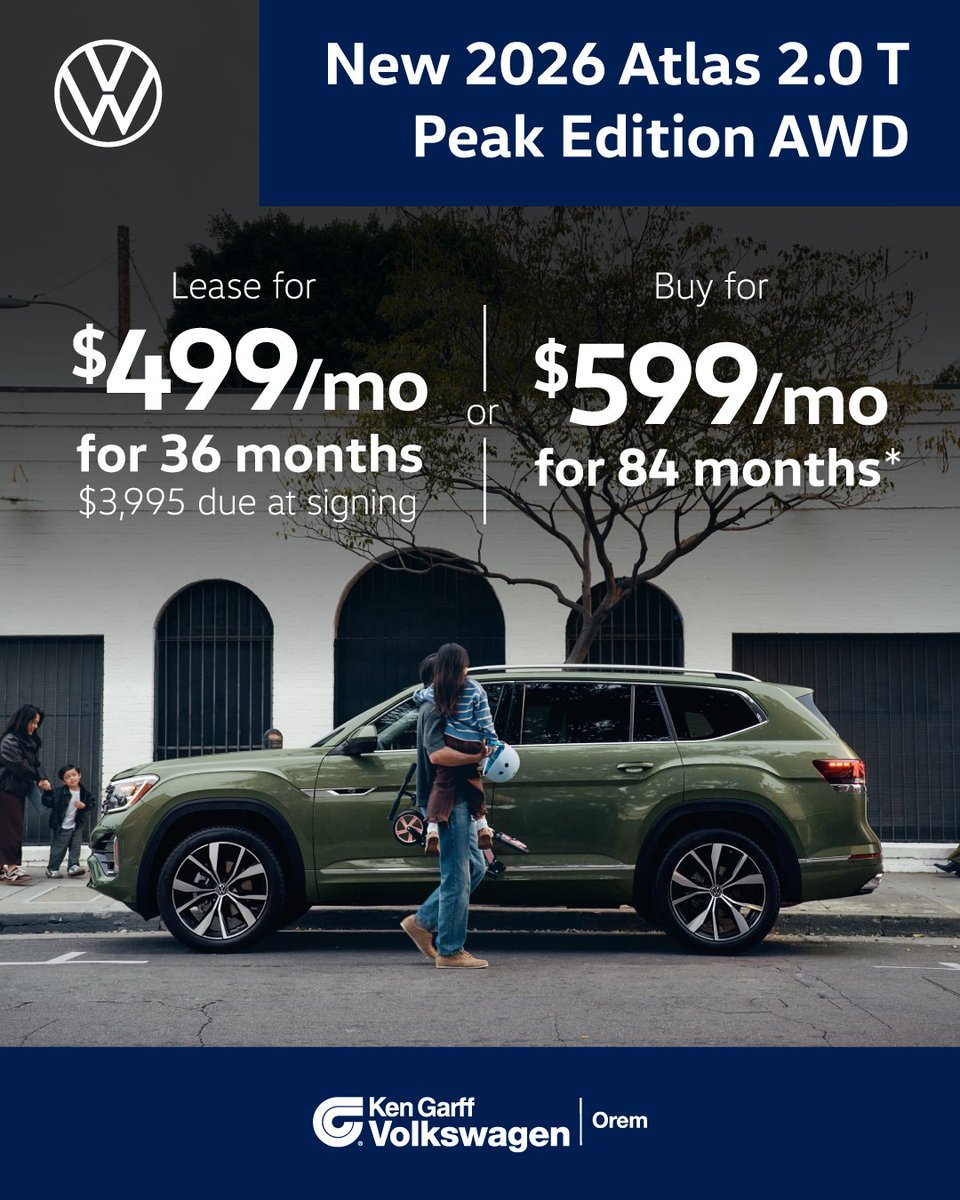 KGVWOrem's tweet photo. Ready to elevate your drive? 🚗✨ The new 2026 Atlas 2.0T Peak Edition AWD is here! Lease for $499/month or buy for $599/month!

Shop now: https://t.co/iOIzwozV79

*See dealer for details. Offer Expires 7/31/2026. https://t.co/w4hTC2OGXR