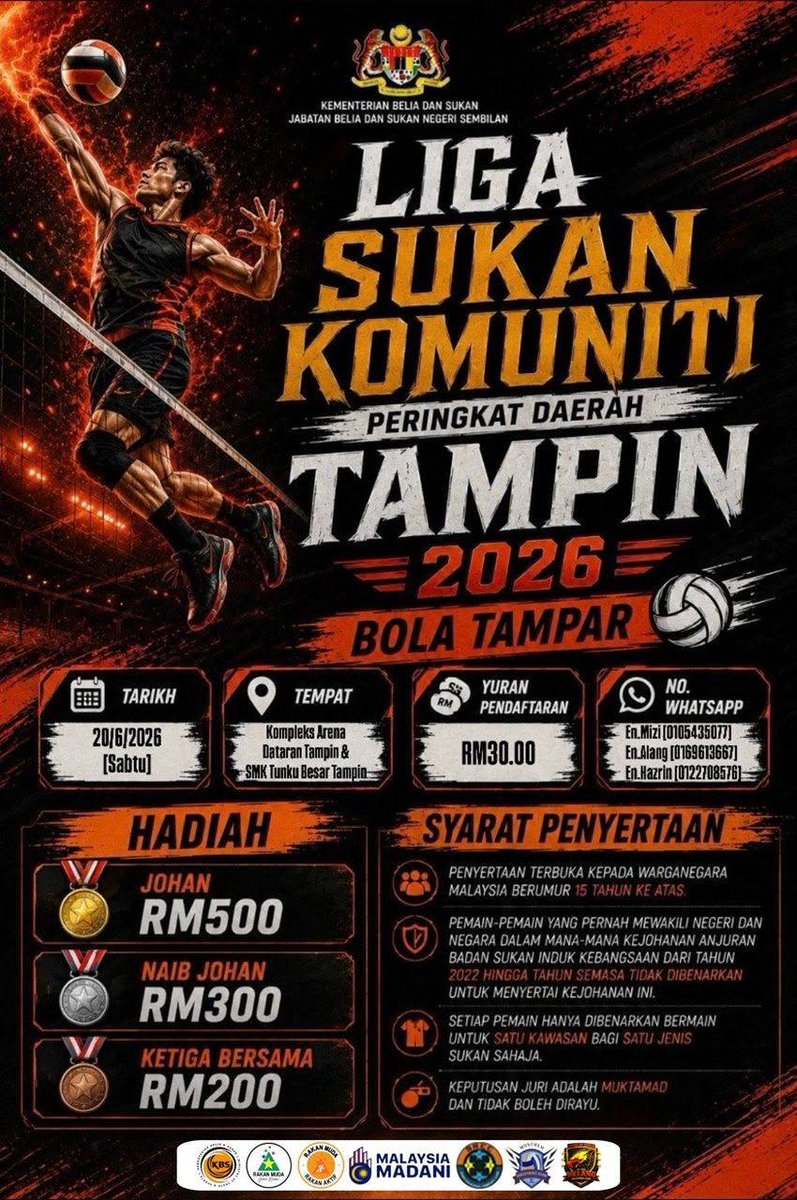 jbs_n9's tweet photo. LIGA SUKAN KOMUNITI (LSK) 2026 PERINGKAT DAERAH TAMPIN KINI KEMBALI 
Moh!!!! Waghih Negeri Sembilan, khususnya sekitar Daerah Tampin  Jangan lepaskan peluang untuk menyertai Liga Sukan Komuniti (LSK) 2026 Peringkat Daerah Tampin. https://t.co/vMYv8FlAGA