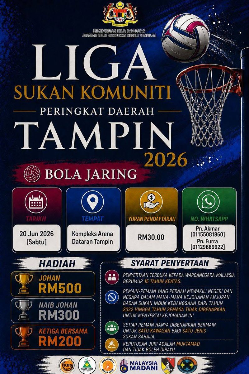 jbs_n9's tweet photo. LIGA SUKAN KOMUNITI (LSK) 2026 PERINGKAT DAERAH TAMPIN KINI KEMBALI 
Moh!!!! Waghih Negeri Sembilan, khususnya sekitar Daerah Tampin  Jangan lepaskan peluang untuk menyertai Liga Sukan Komuniti (LSK) 2026 Peringkat Daerah Tampin. https://t.co/vMYv8FlAGA