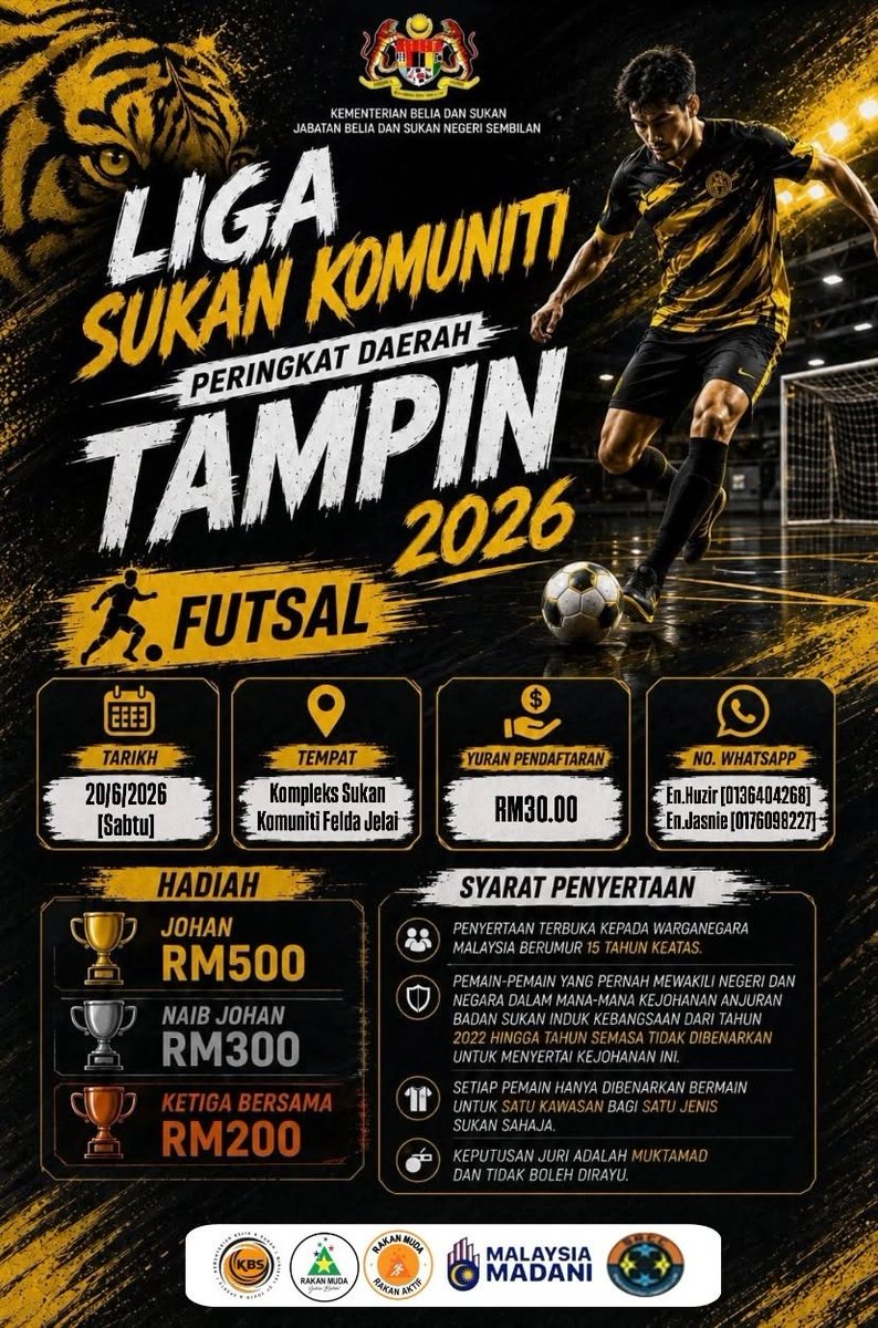 jbs_n9's tweet photo. LIGA SUKAN KOMUNITI (LSK) 2026 PERINGKAT DAERAH TAMPIN KINI KEMBALI 
Moh!!!! Waghih Negeri Sembilan, khususnya sekitar Daerah Tampin  Jangan lepaskan peluang untuk menyertai Liga Sukan Komuniti (LSK) 2026 Peringkat Daerah Tampin. https://t.co/vMYv8FlAGA
