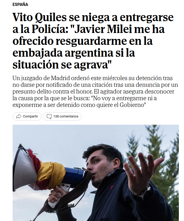 JulianMaciasT's tweet photo. Vito Quiles se niega a entregarse y afirma que si "la situación se agrava" se refugiará en la embajada argentina, Milei se lo ofreció.
Jajaja... Milei está acostumbrado a proteger a delincuentes, así que está en su salsa. https://t.co/iNVpgeNWXO