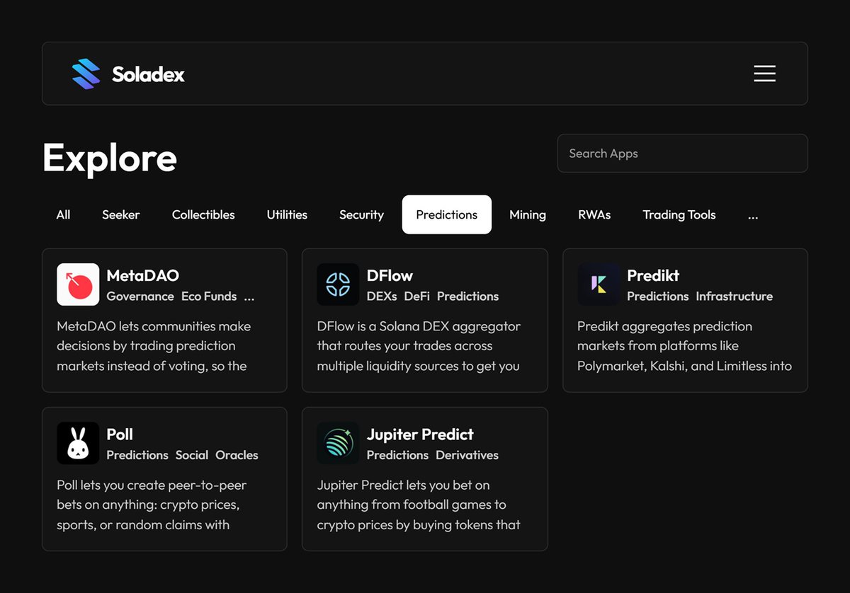Soladex_io's tweet photo. We tend to agree 🫡

More Prediction Market project reviews on the way, let us know if we're missing any! https://t.co/klq7pYzdaU