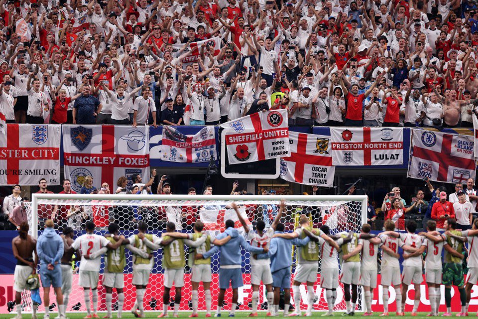 harry_is_boring's tweet photo. Stands lined with England flags decorated with club names and crests etc. is one of the great sights in football tbh https://t.co/wiqLyzlCWD