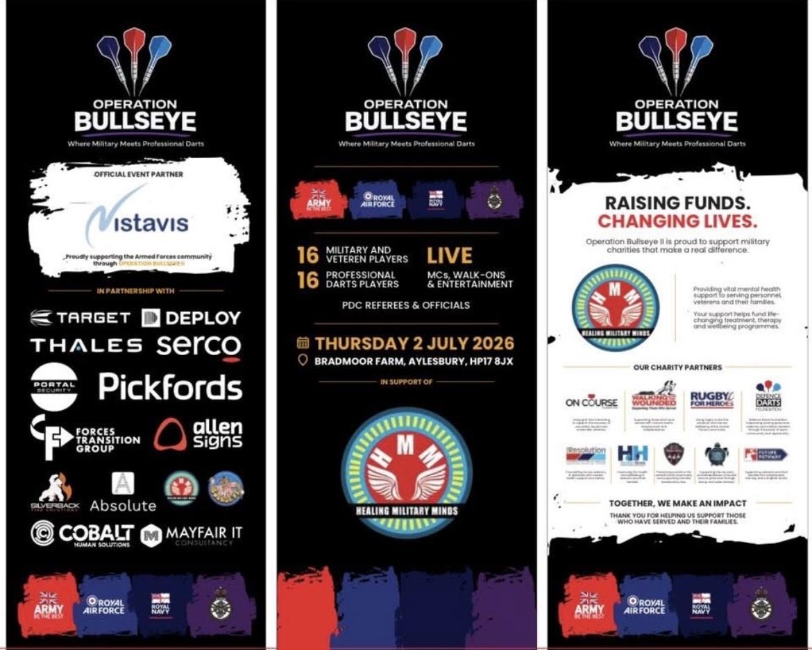 minds_military's tweet photo. As the darts start flying at the @DefenceDarts OPERATION BULLSEYE II Final, we want to take a moment to recognise the people &amp; organisations making this event truly meaningful.

Thank you @Defence_Darts, sponsors, Armed Forces charities &amp; organisations &amp; all those attending. 🎯 https://t.co/uDqAsaSE2c