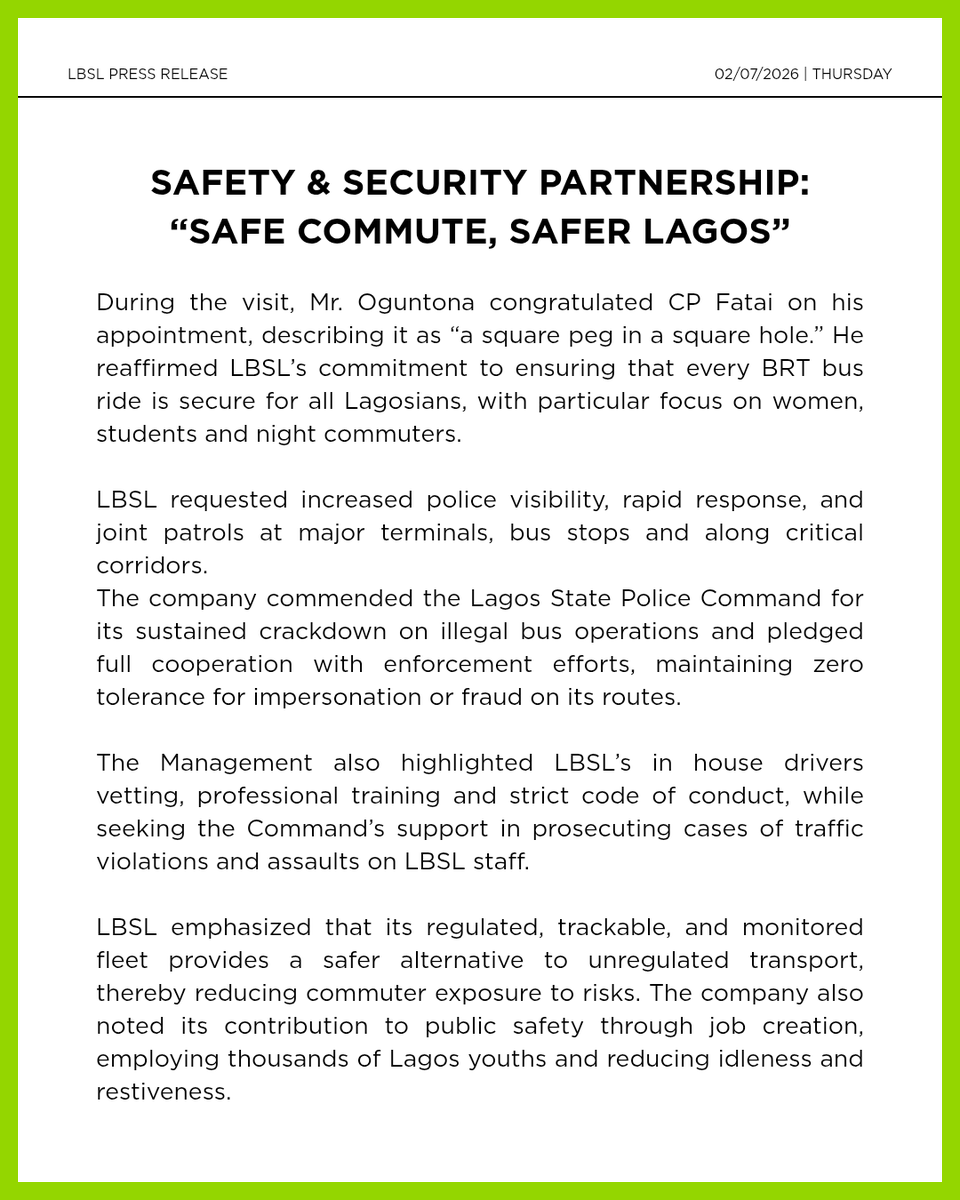 Lbslng's tweet photo. Press Release: 
Lagos Bus Services Limited, Lagos Police Command Pledge Stronger Collaboration for Safer Commutes. LBSL seeks increased visibility at terminals and key bus corridors. https://t.co/7jGO3aDO48
